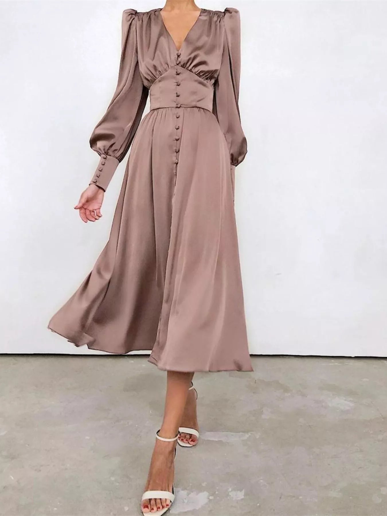 Trendsi Elegant V-Neck Puff Sleeve Button-Down Midi Dress -