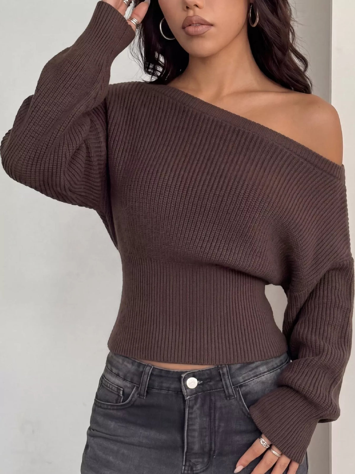 Brown one shoulder ribbed knit sweater