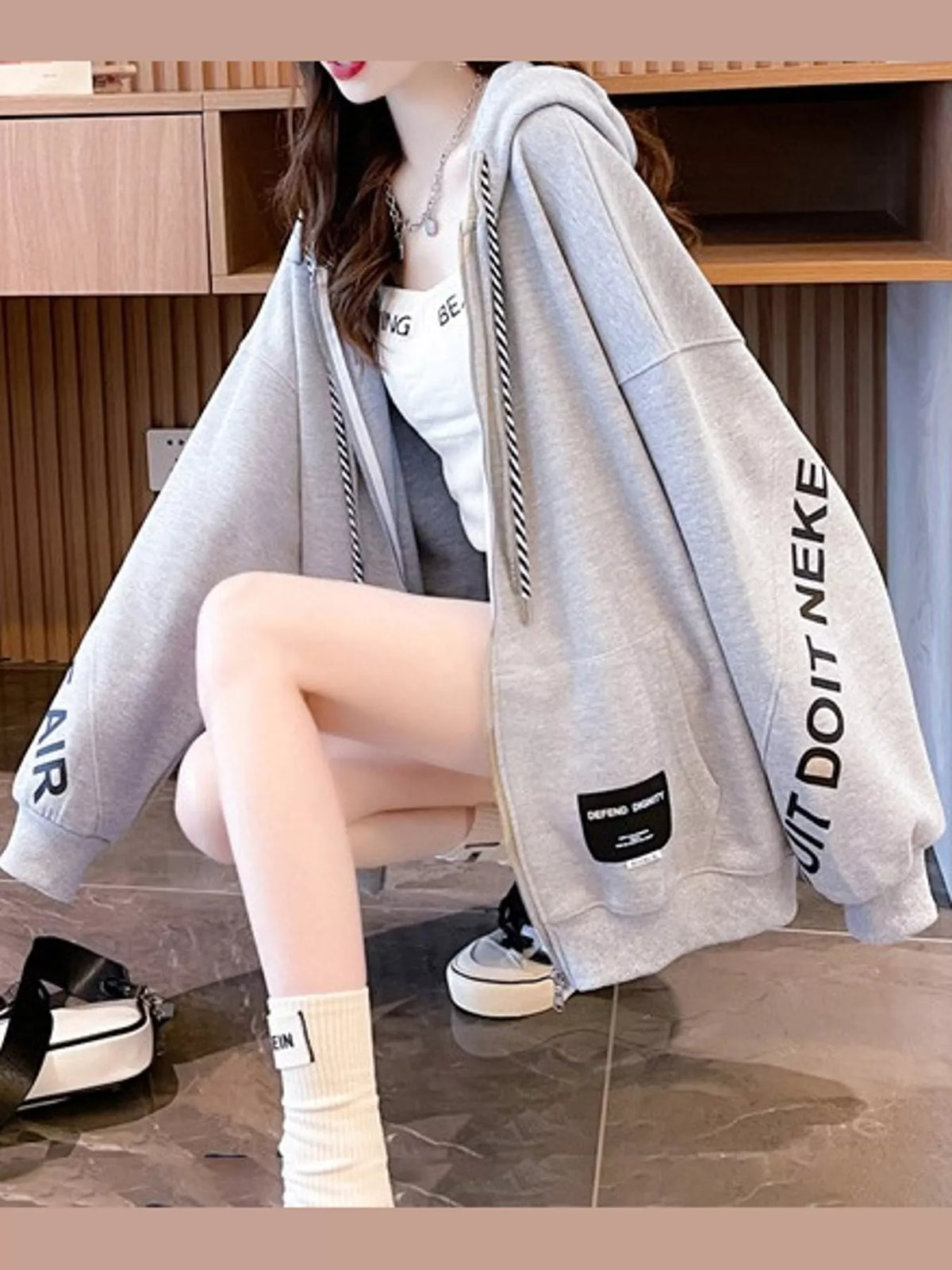 Oversized Zip-Up Hoodie with Letter Print — side view