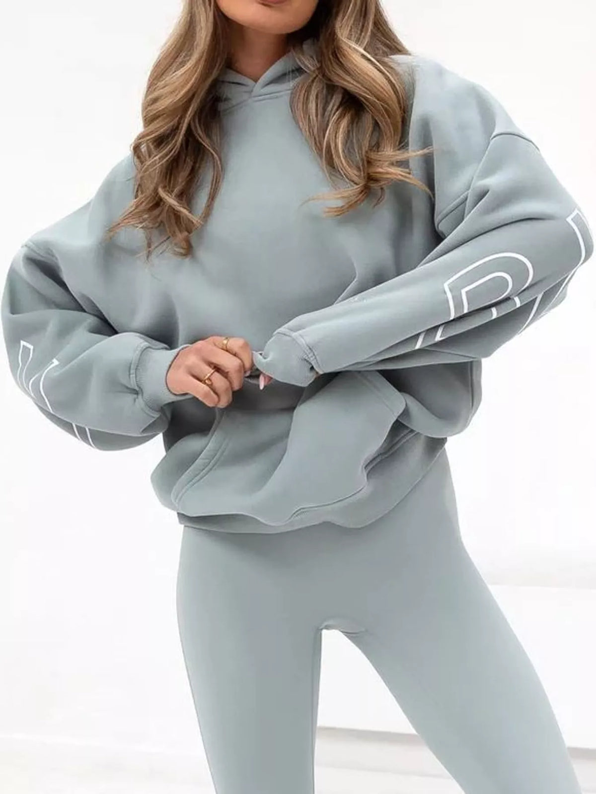 Light blue letter-print pullover hoodie with kangaroo pocket