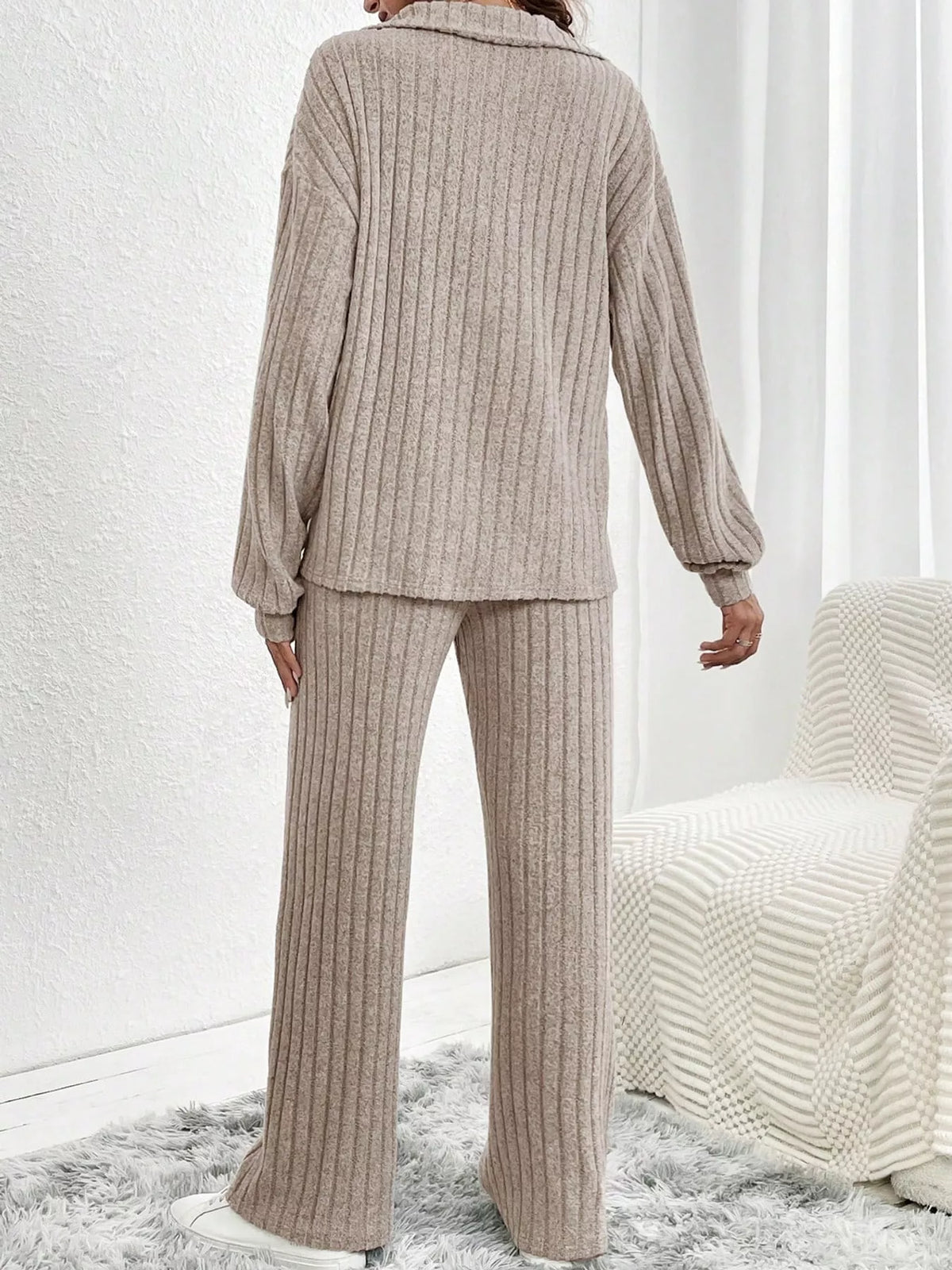 Ribbed Knit Collared Top and Wide Leg Pants Set, back view in taupe