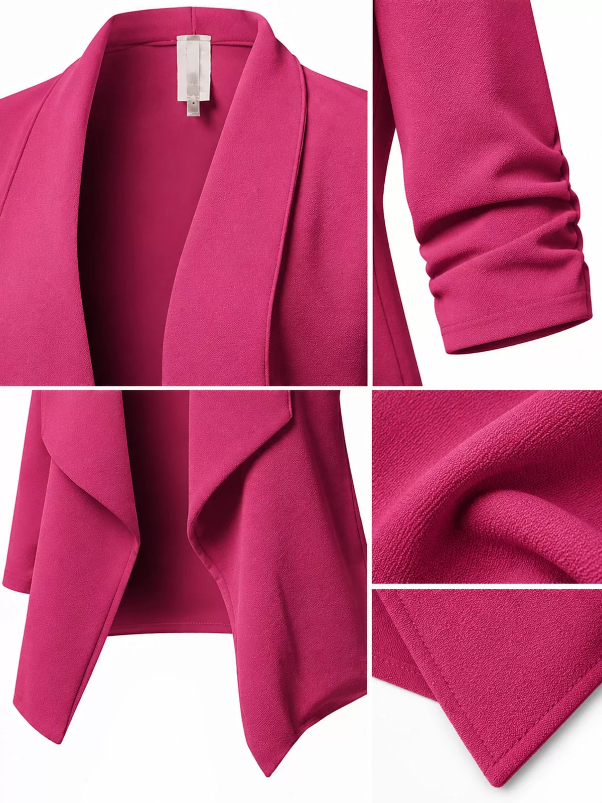 Pink open-front blazer with ruched 3/4 sleeves, gathered sleeves and draped front