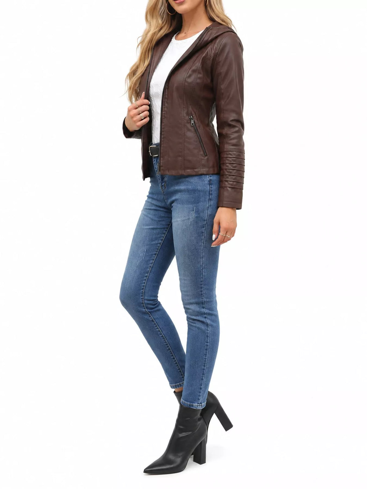 Hooded faux-leather jacket, brown side