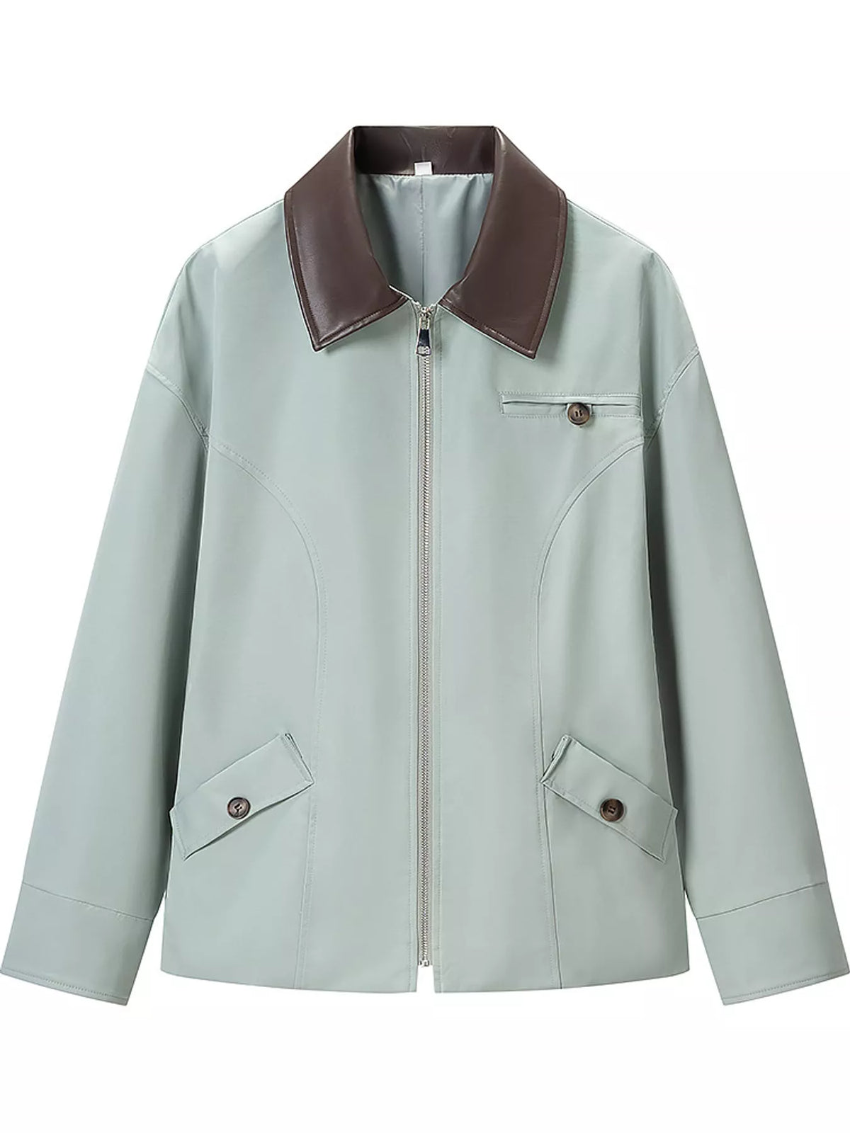 Pale gray-green contrast collar zip-up jacket — front view