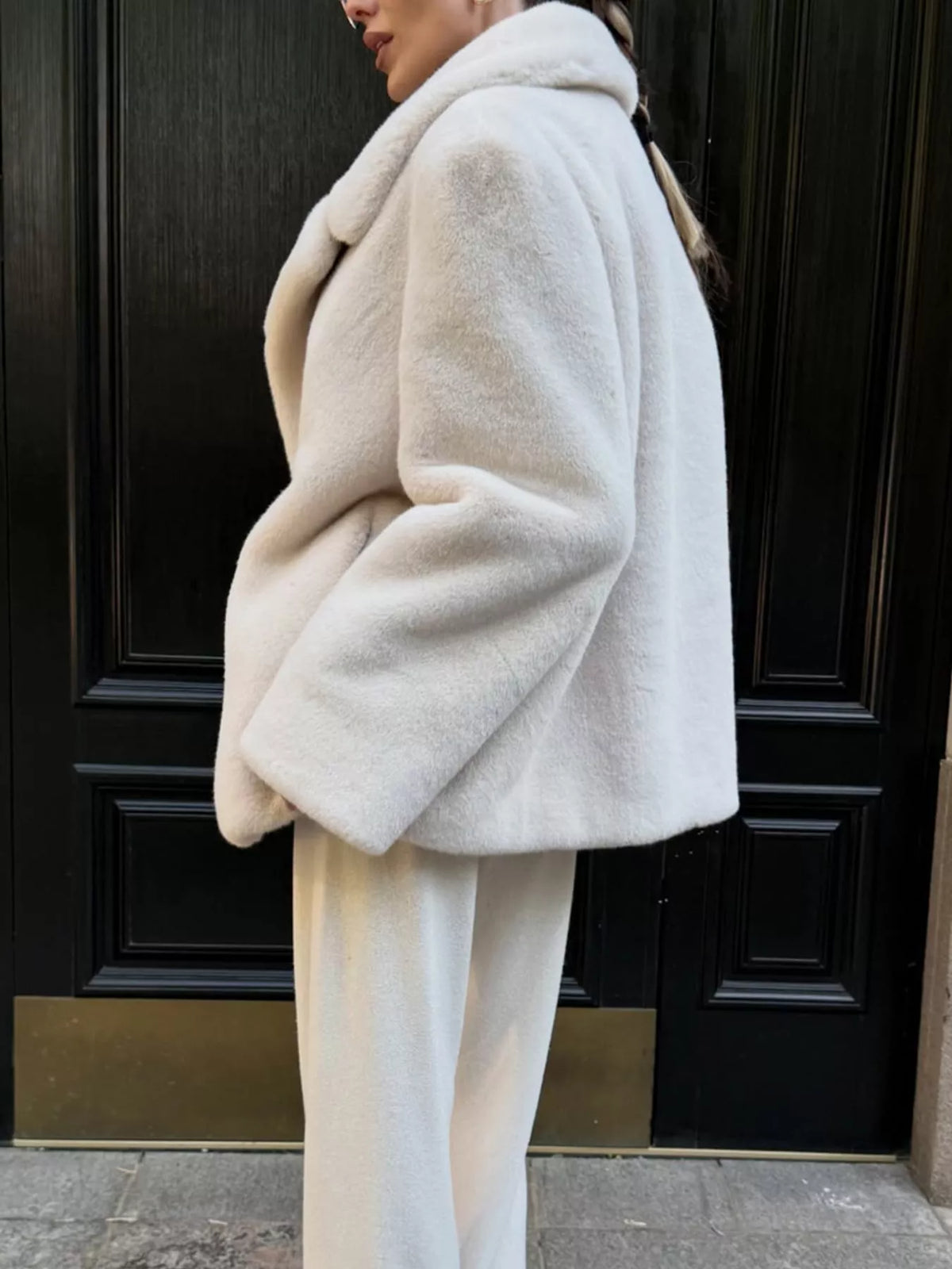 Faux Fur Open Front Coat in cream