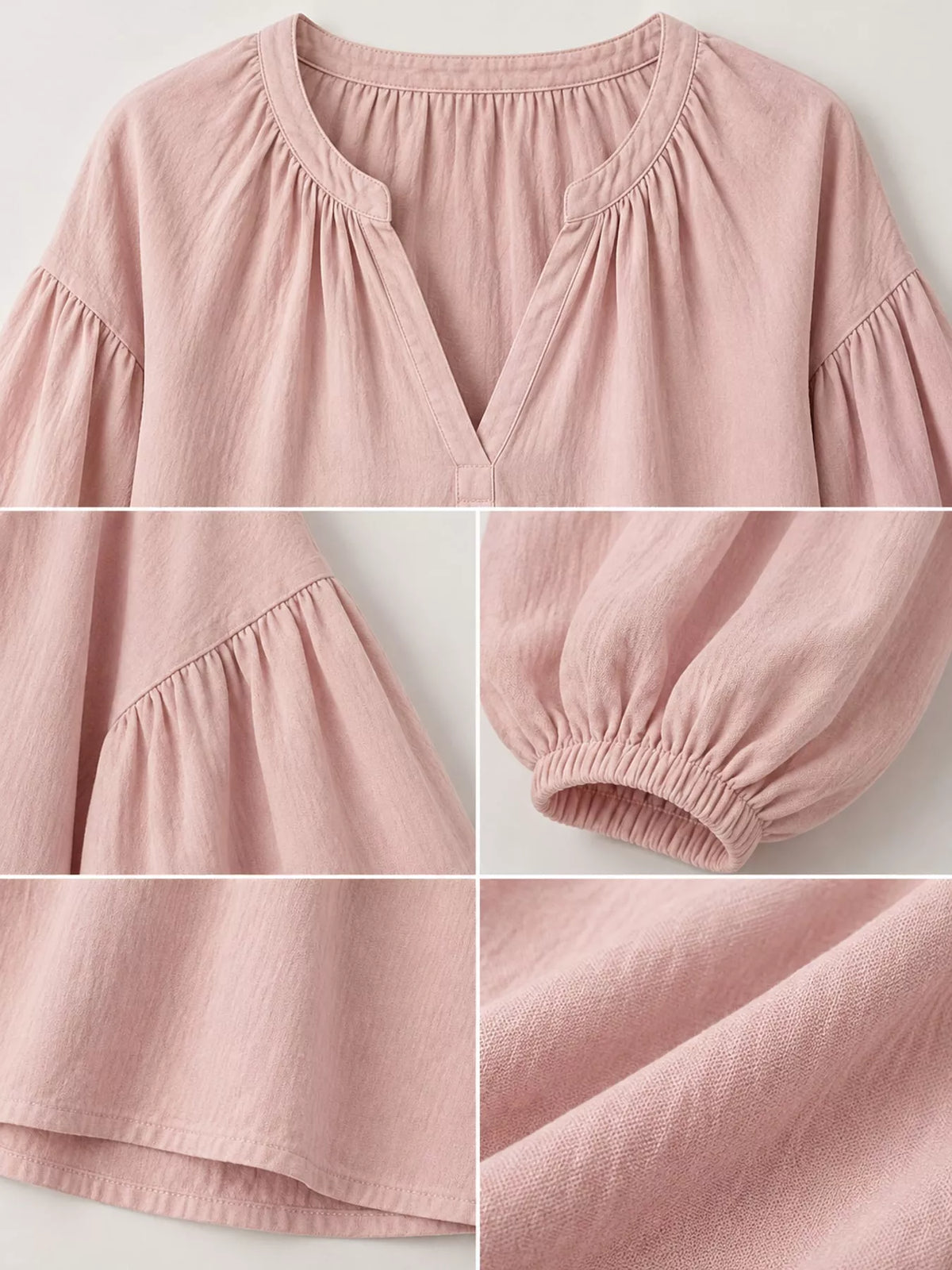 Notched Balloon Sleeve Blouse in pink, construction detail