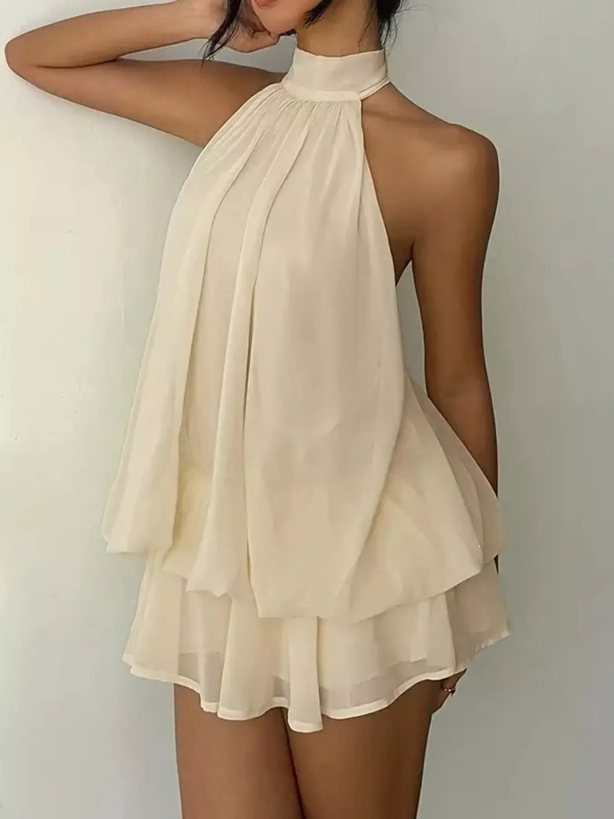 Cream halter neck layered mini dress, halter neckline view