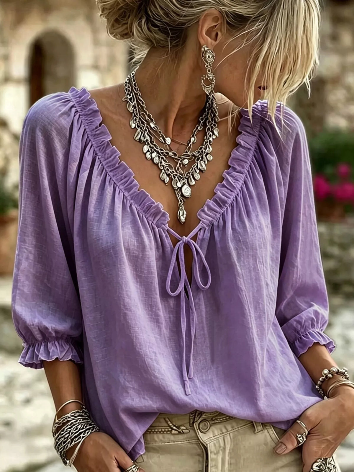 Trendsi Frill Tie Neck 3/4 Sleeve Blouse -