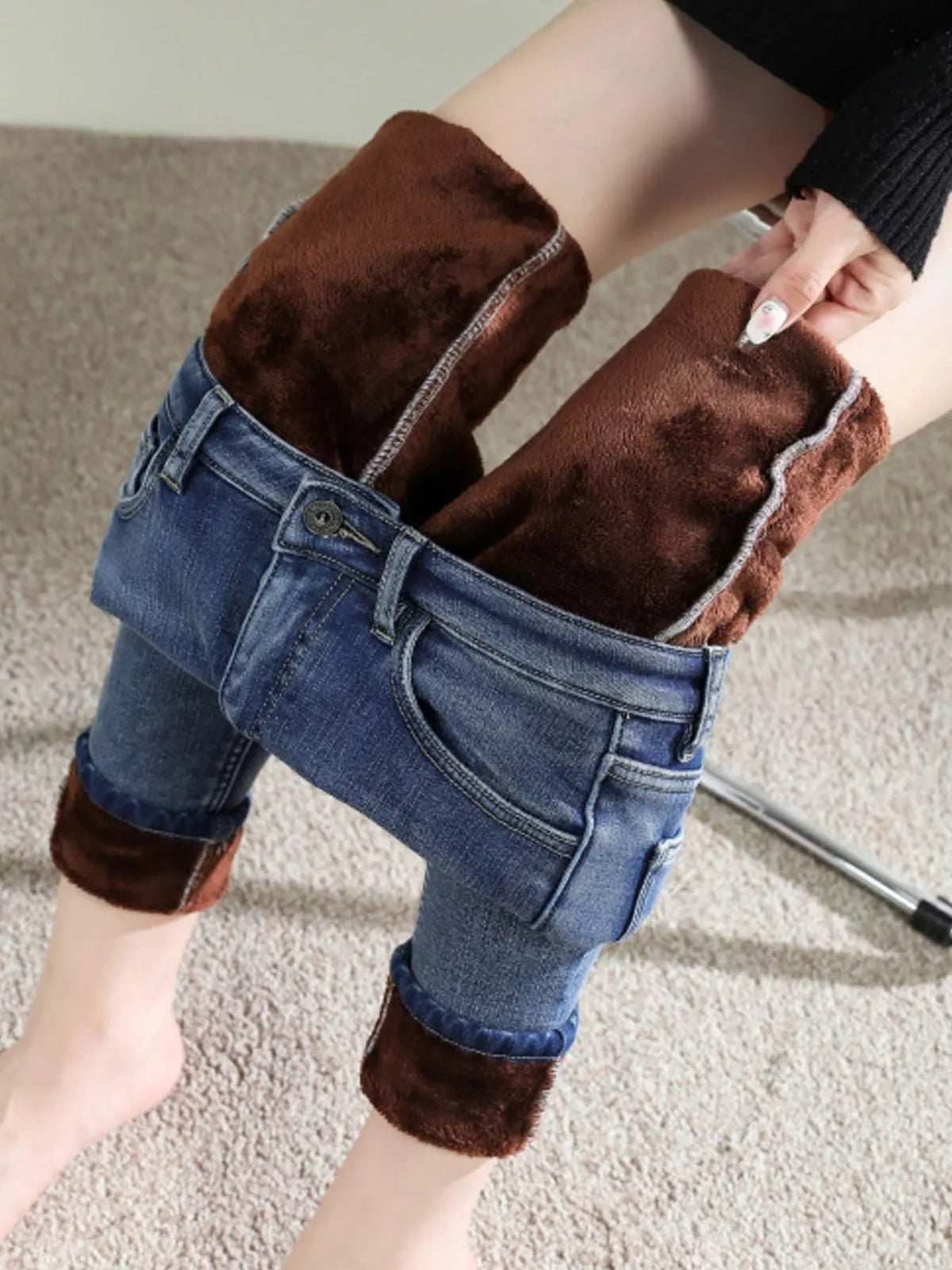 High-Waisted Slim-Fit Stretch Fleece Jeans — construction details