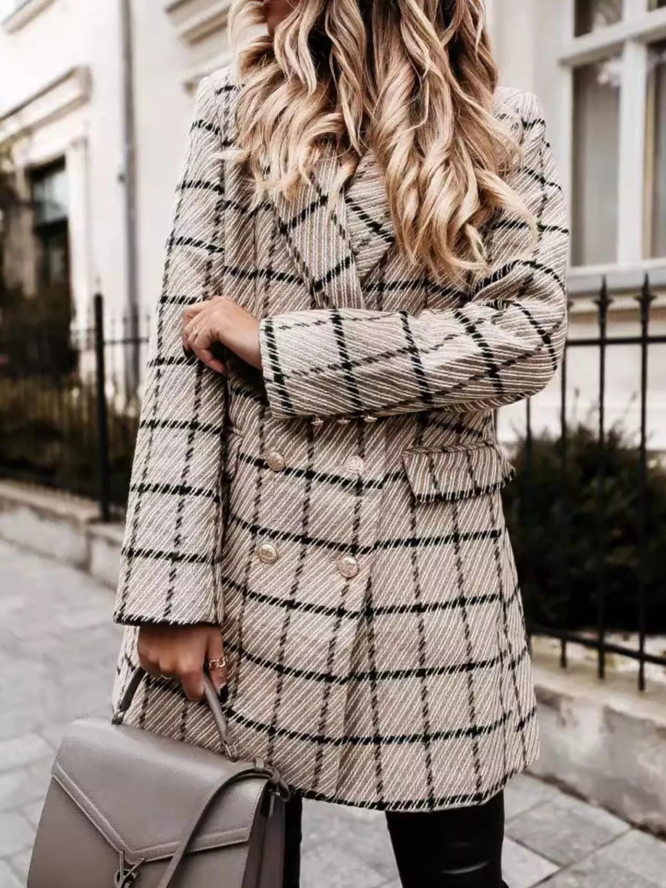 Trendsi Plaid Tweed Double-Breasted Coat -