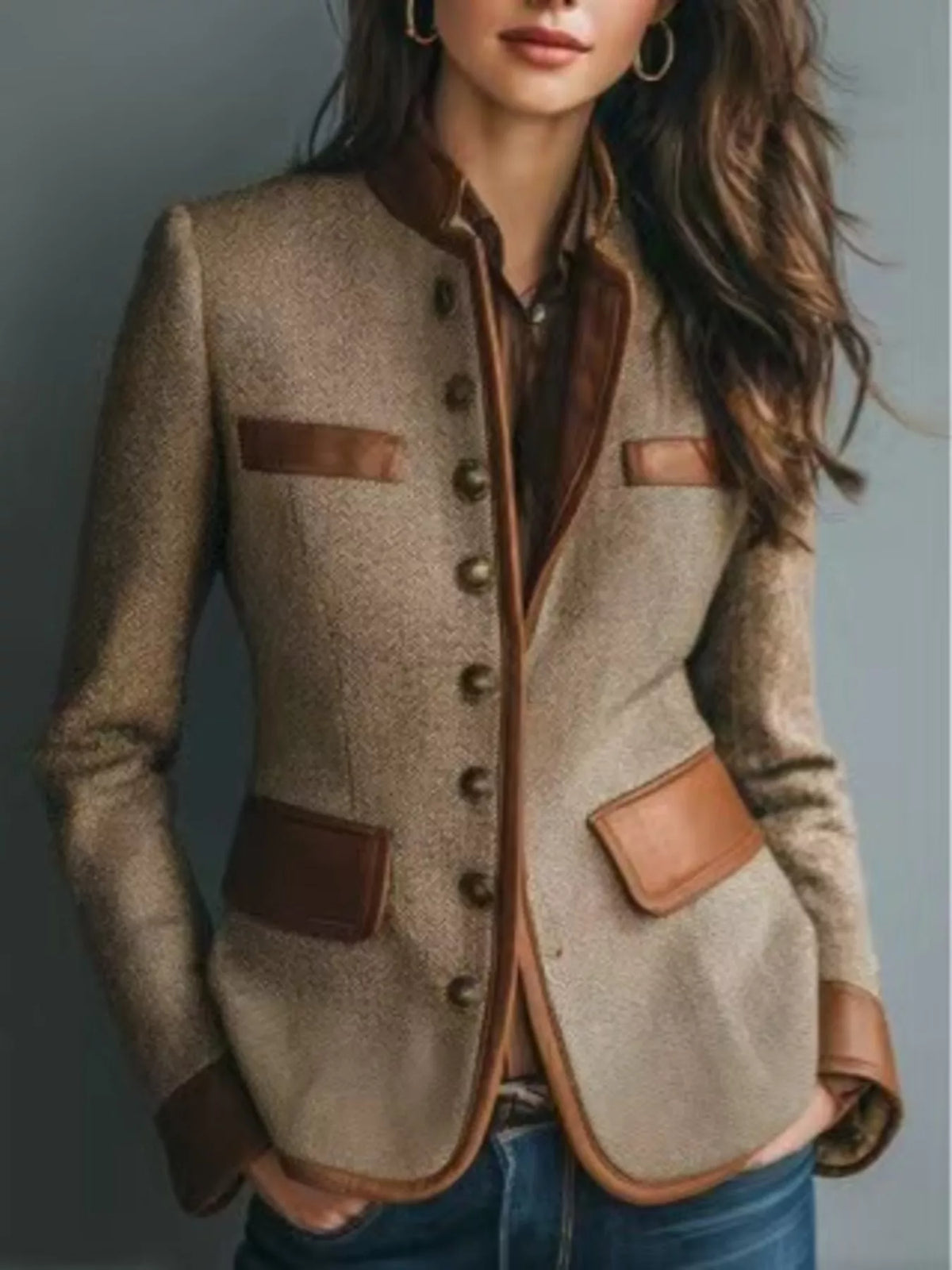 Contrast Trim Button-Front Tweed Jacket in brown, front view