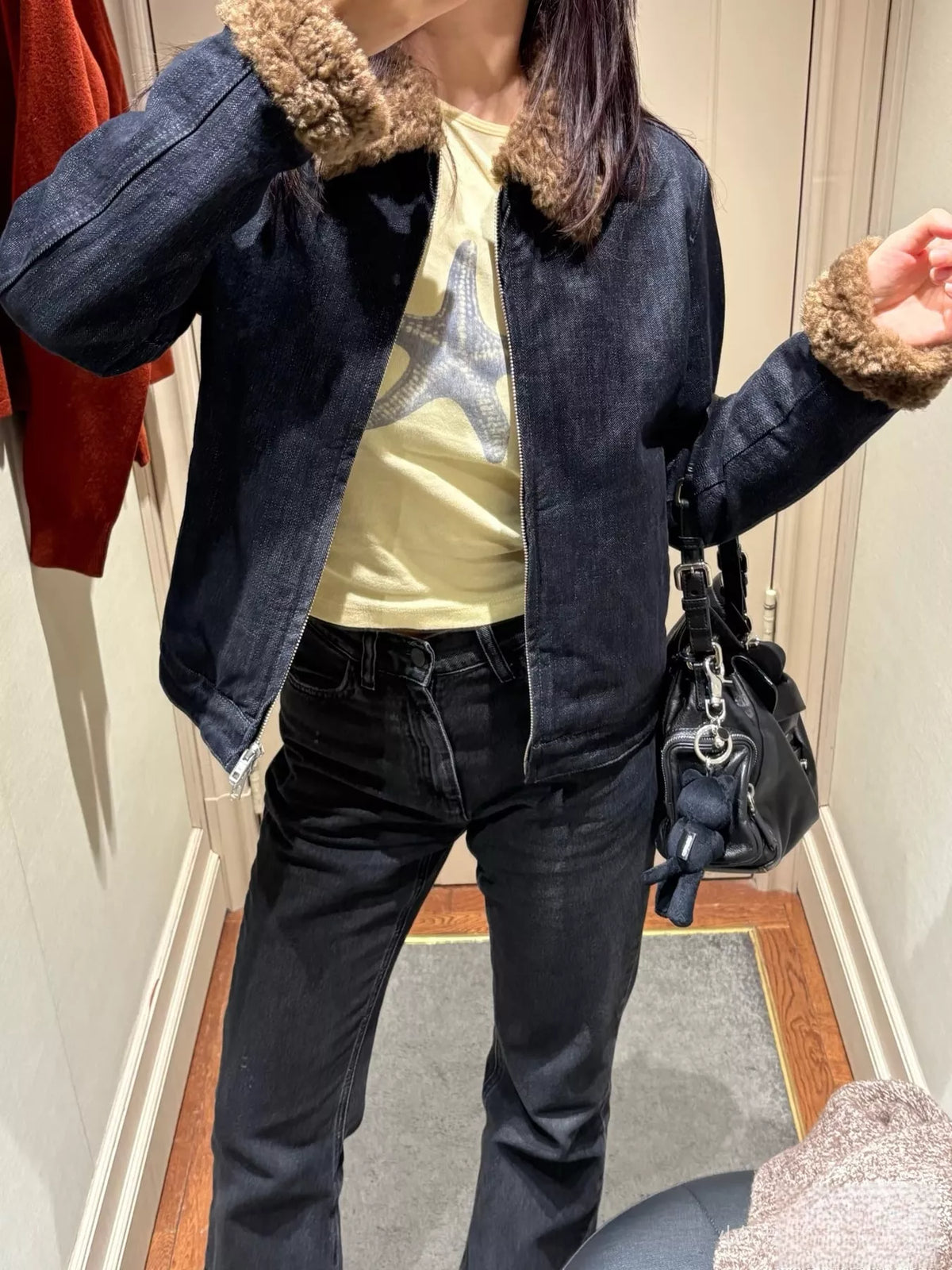 Sherpa Collar Zip-Up Denim Jacket — front view