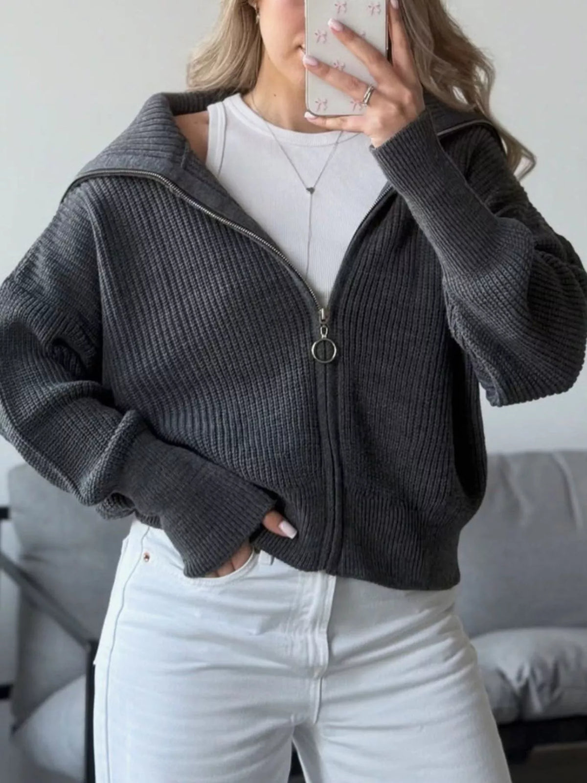Trendsi Zip Up Dropped Shoulder Cardigan -