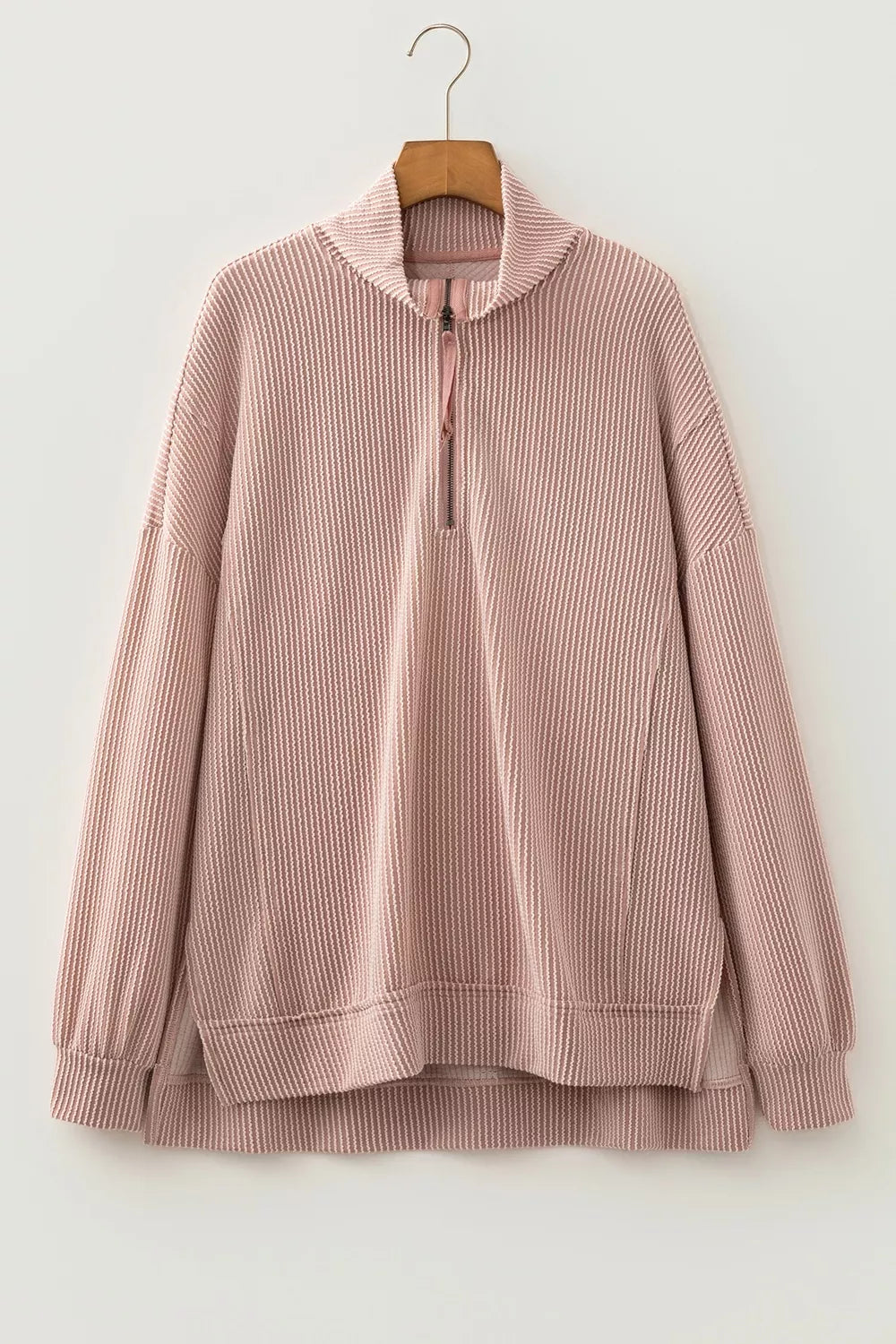 Trendsi Twist Ribbed Zipper Collar Drop Shoulder Long Sleeve Top -