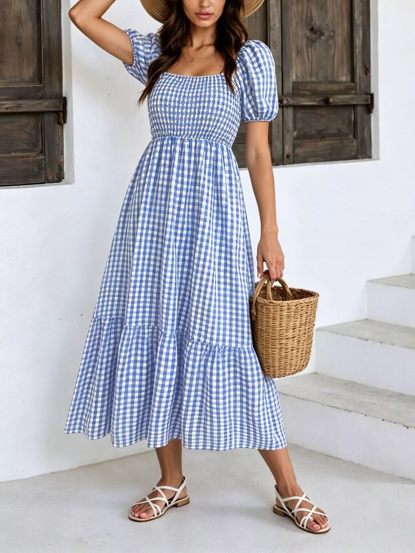 Trendsi Gingham Smocked Puff Sleeve Midi Dress -