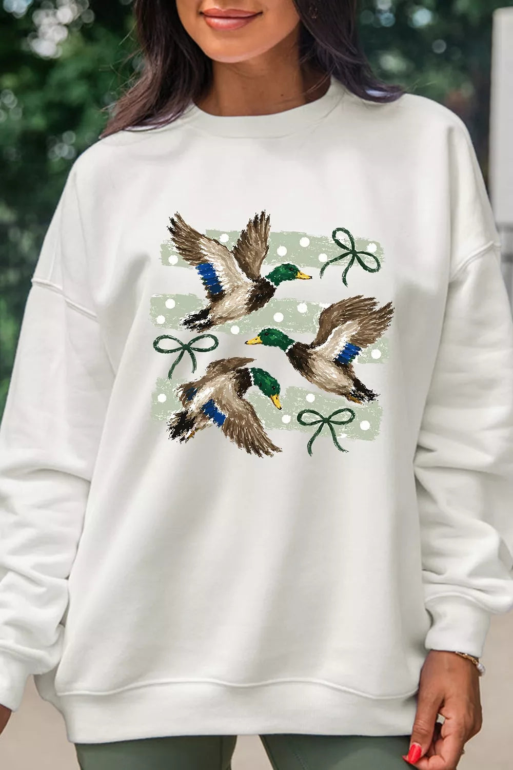 Mallard Bow Graphic Crew Neck Sweatshirt — front view