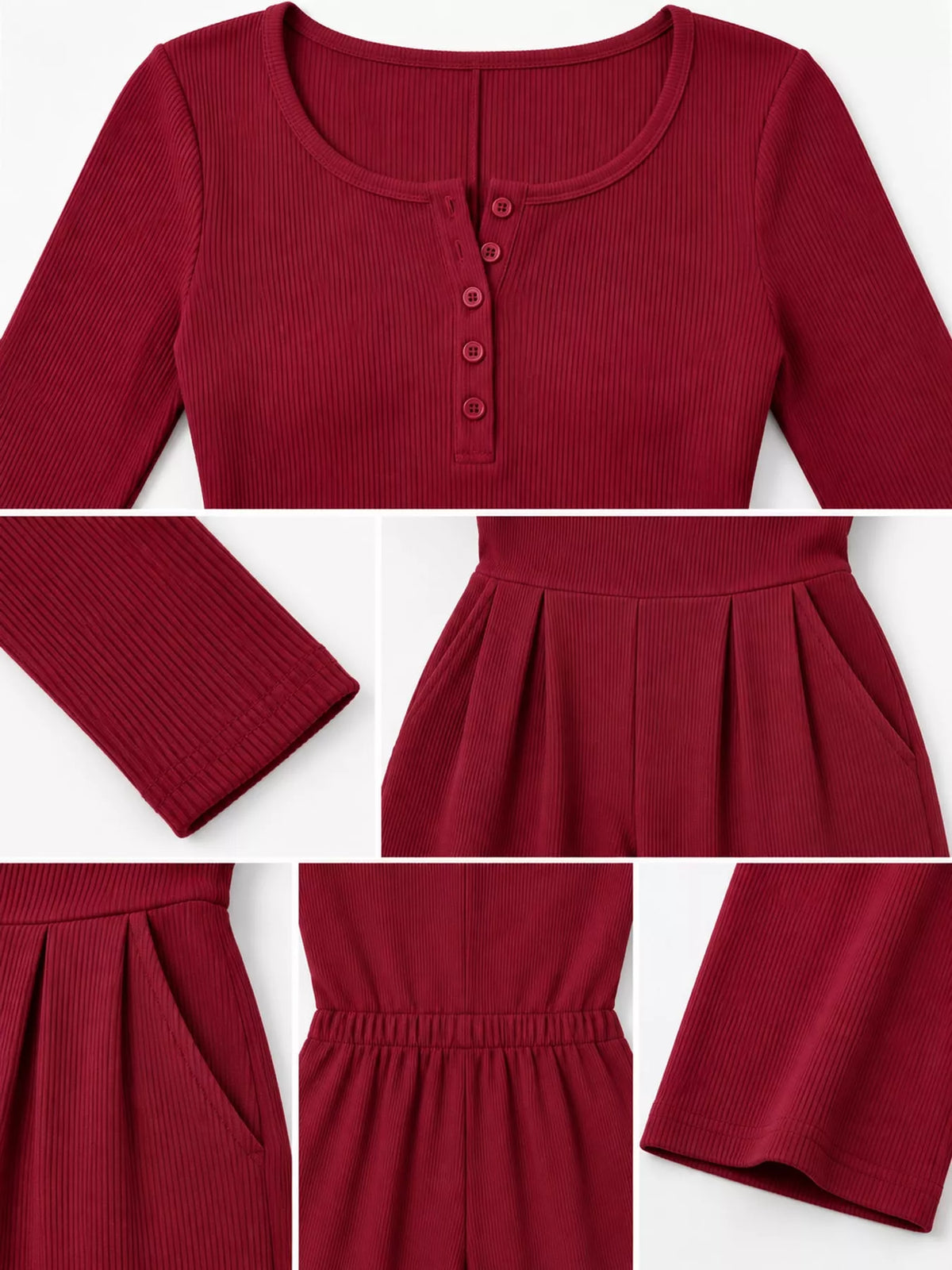 Long Sleeve Ribbed Knit Wide-Leg Jumpsuit — construction details