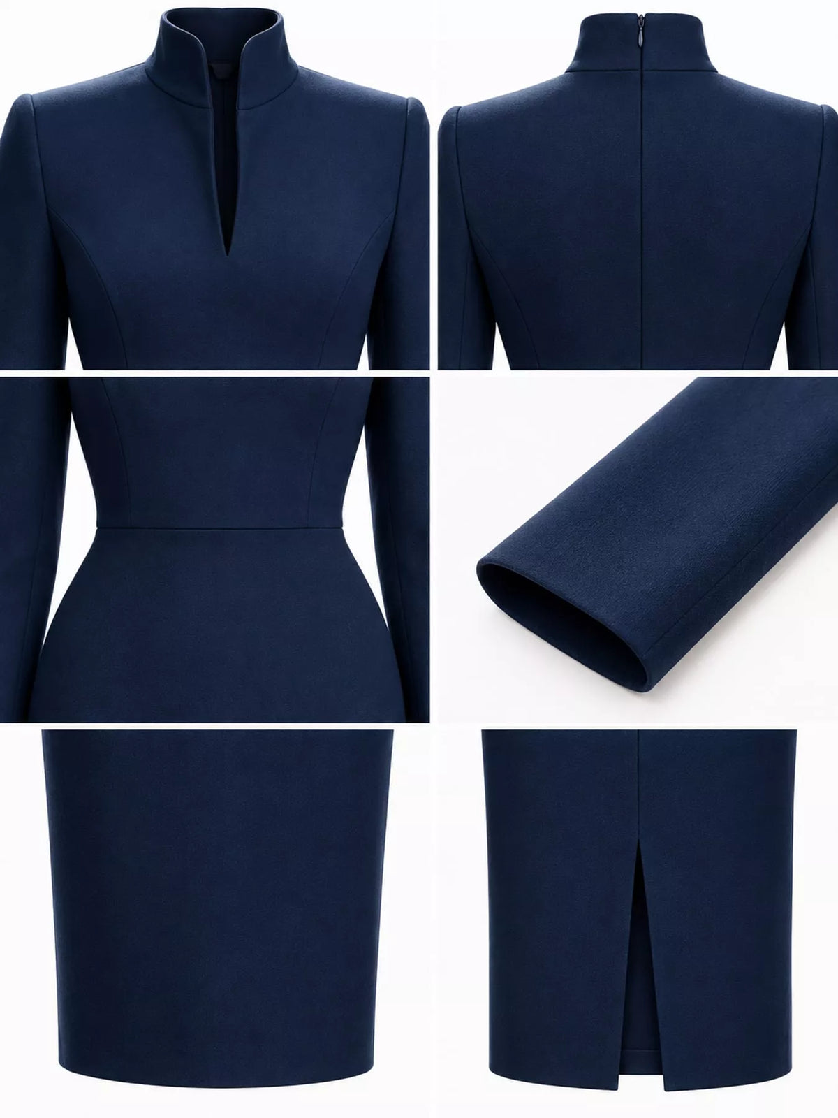 Women's Stand-Collar Long-Sleeve Midi Dress in navy — detail collage view