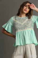 Trendsi Umgee Floral Lace Trimmed Detail Half Sleeve Babydoll Top -