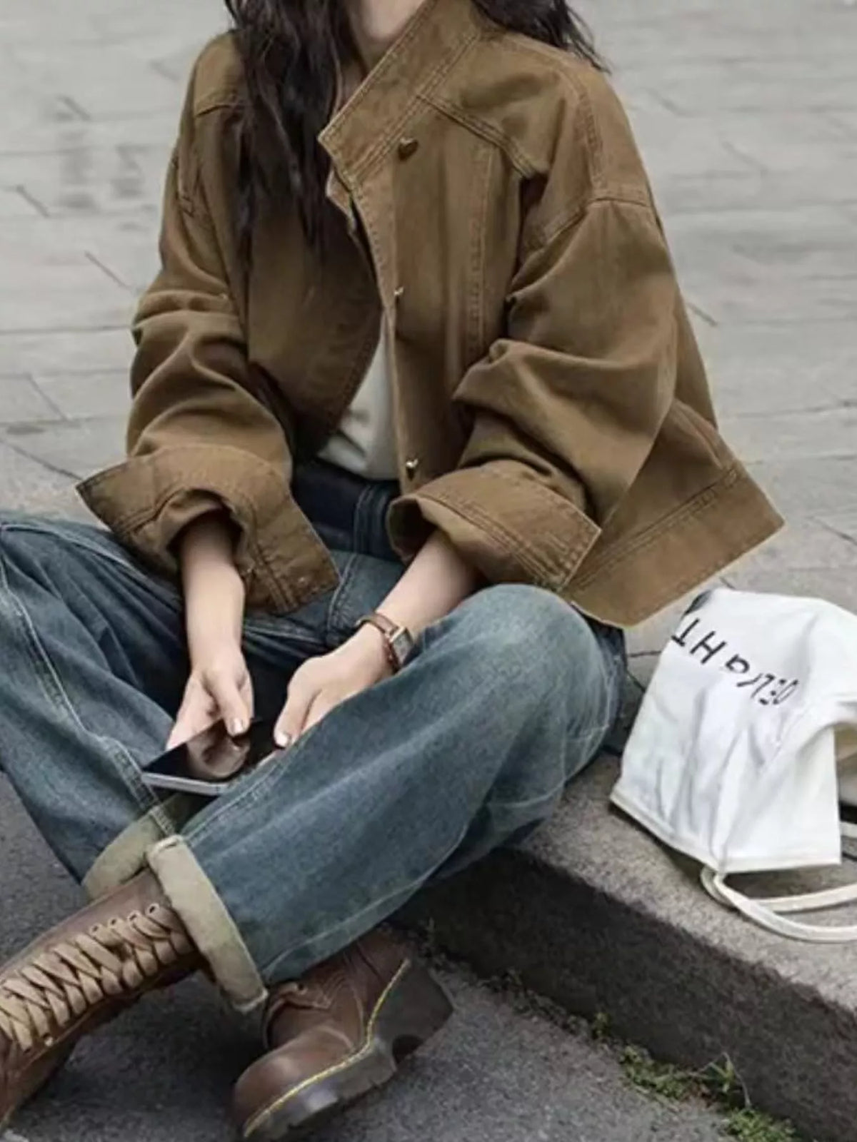 Women's Button Up Dropped Shoulder Denim Jacket in olive — front view