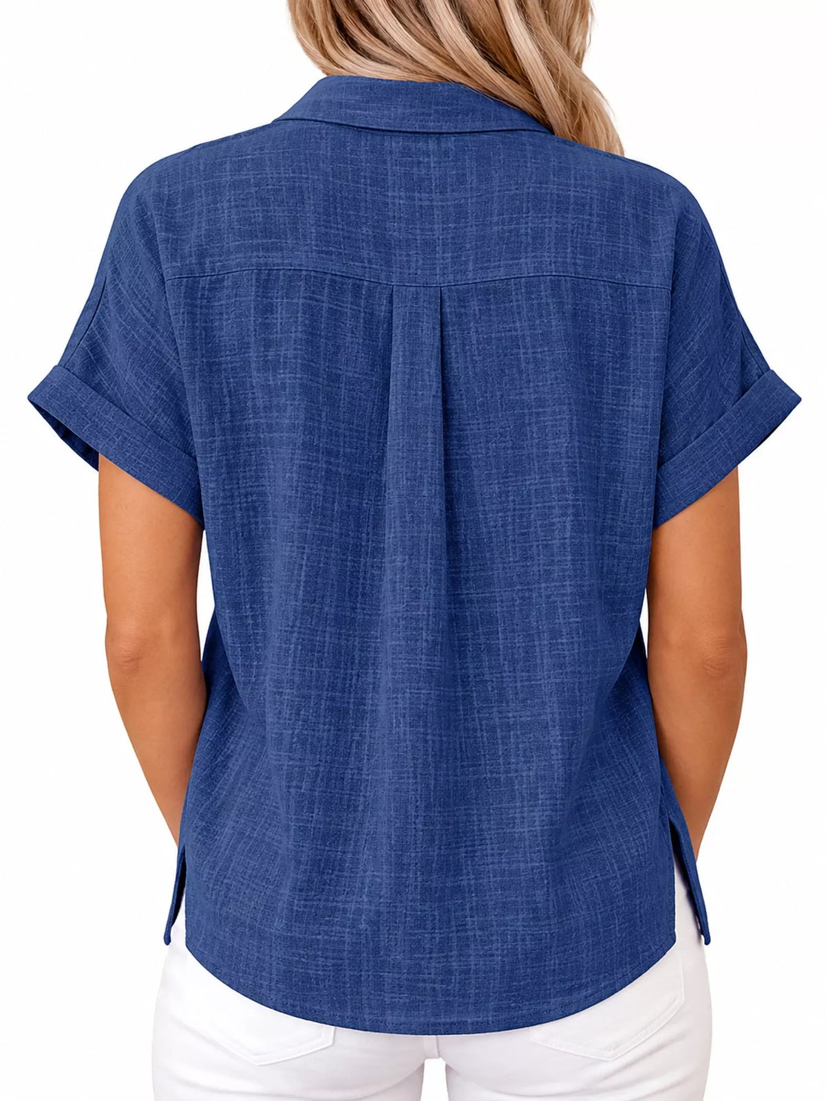Women's Button Up Short Sleeve Shirt in blue — back view
