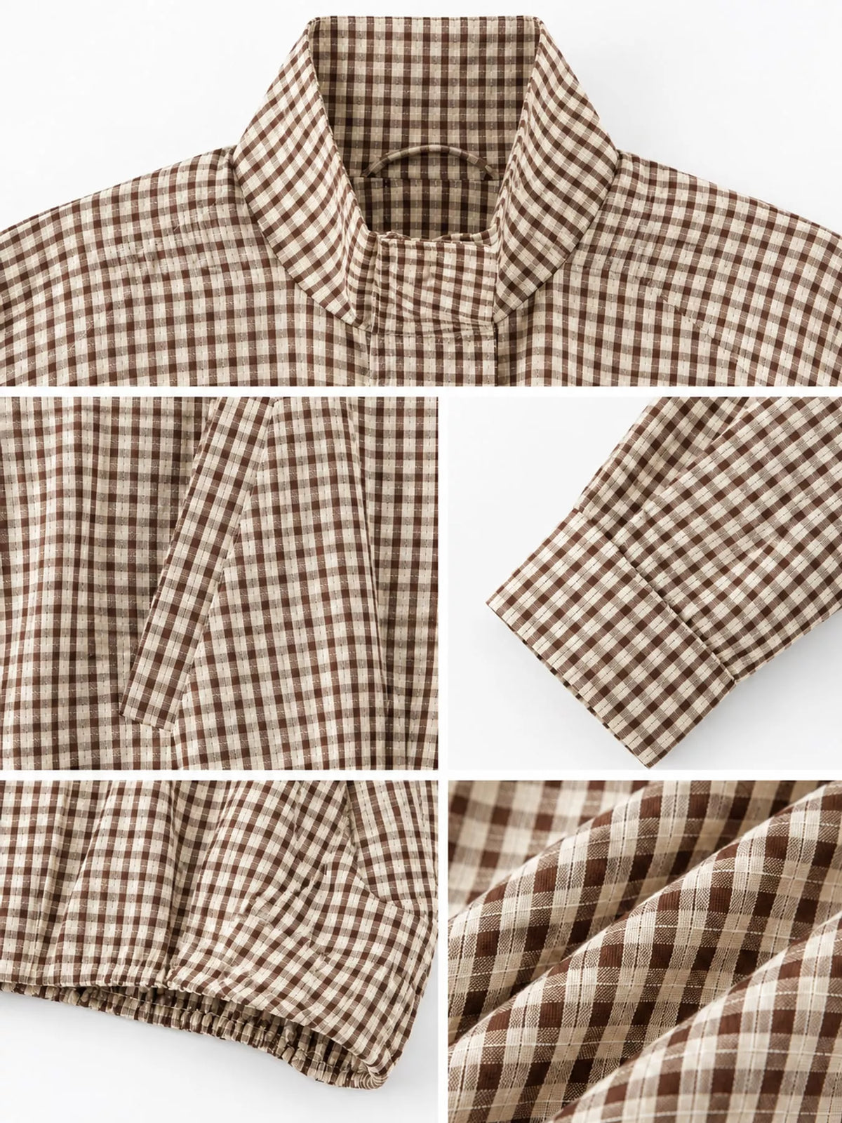 Light Brown Plaid plaid stand-collar cropped jacket, detail view