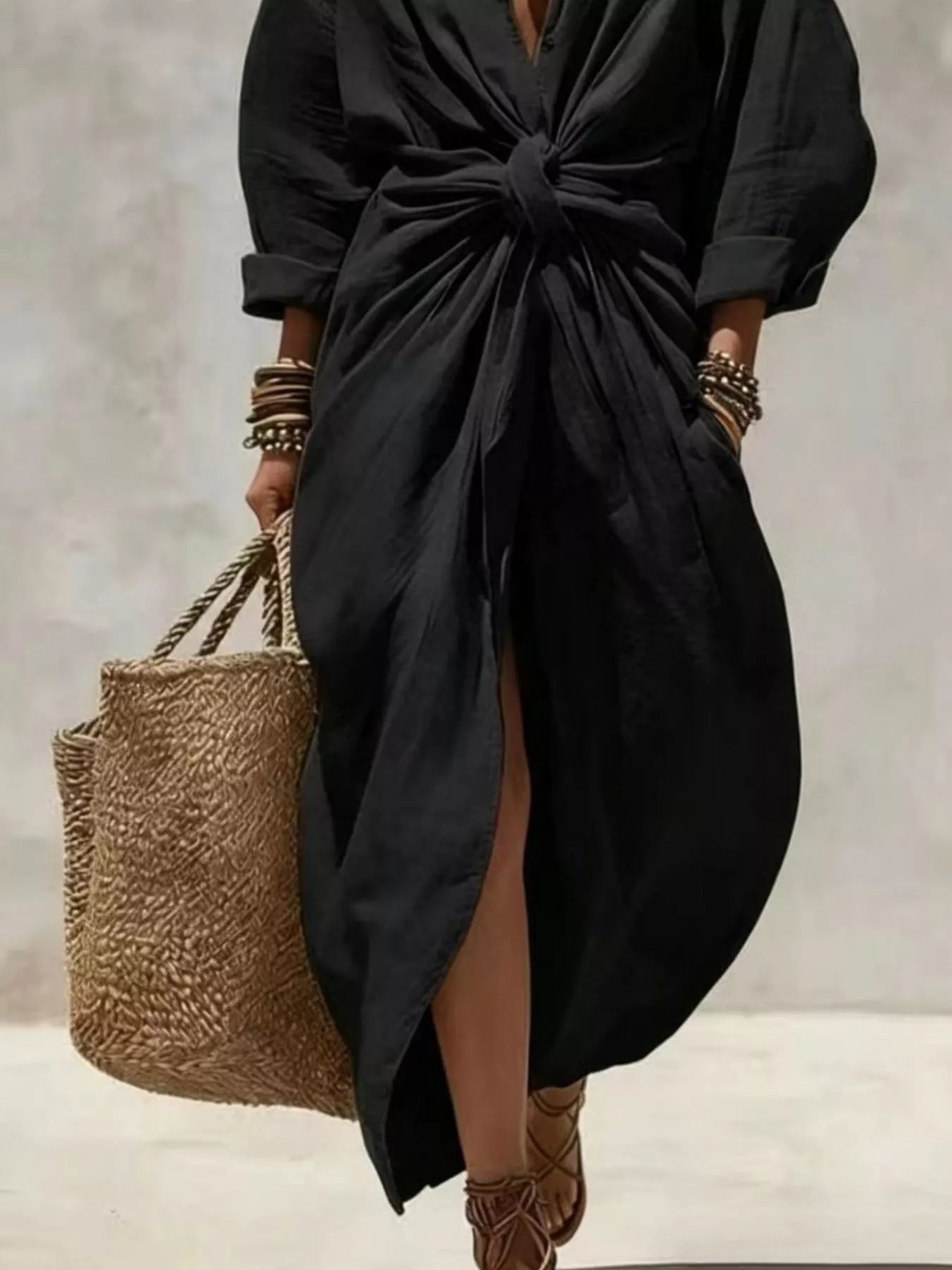 Trendsi Front-Tie Maxi Shirt Dress -