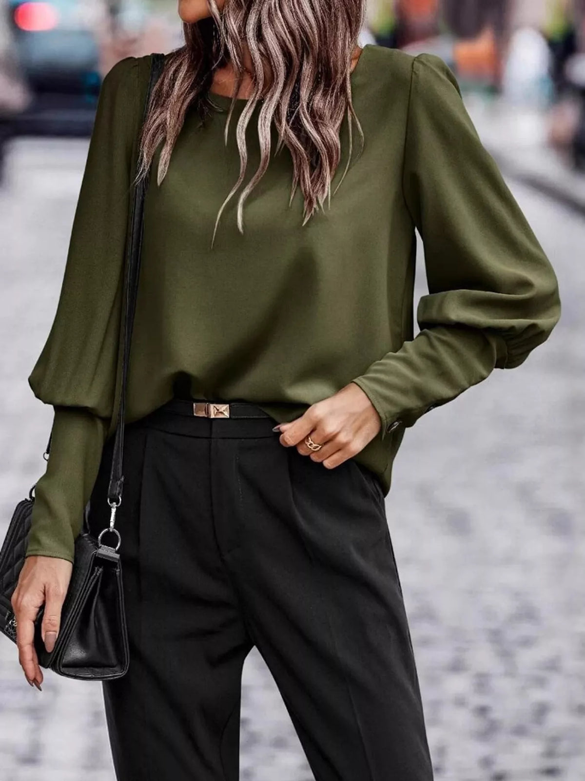Decorative Button Lantern Sleeve Blouse — front view