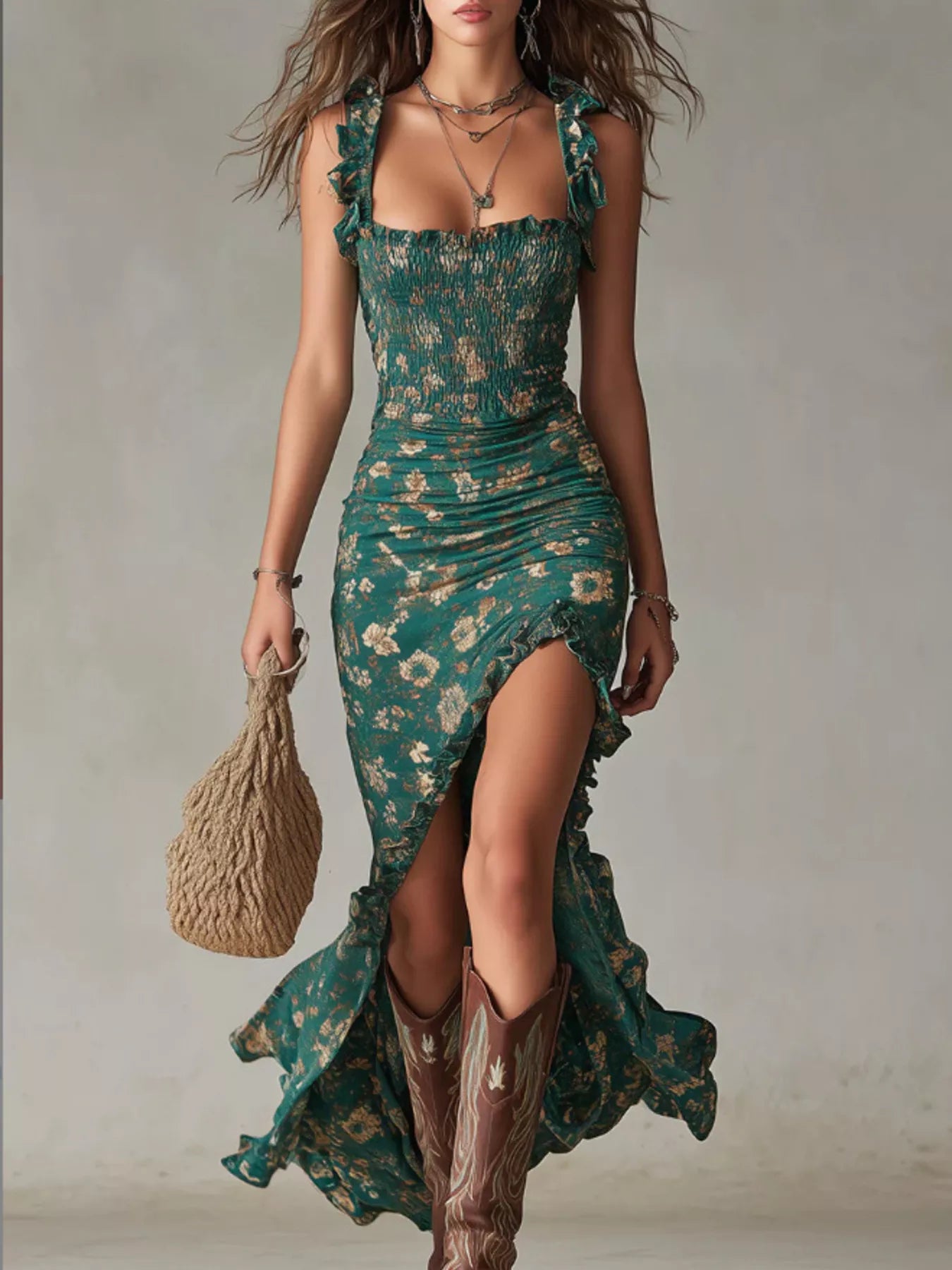 Trendsi Full Size Floral Smocked Ruffle High-Low Maxi Dress Plus Size -