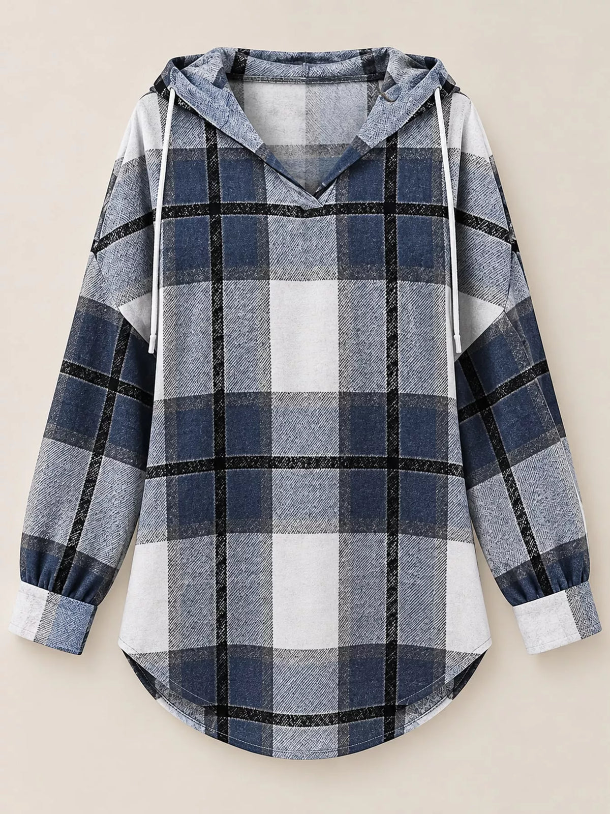 Navy plaid long sleeve hoodie with drawstring, back view