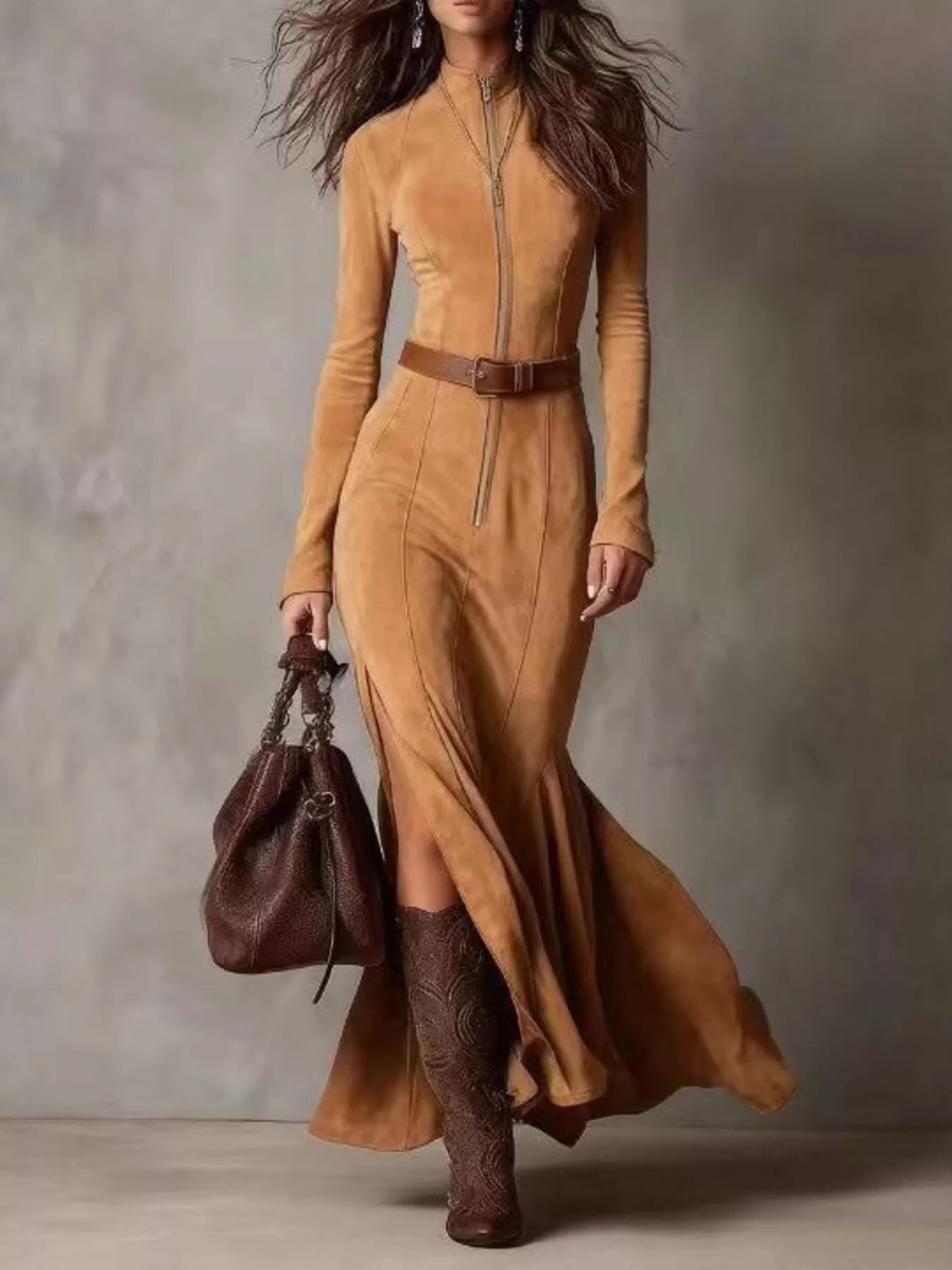 Trendsi Full Size Slit Zip-Front Long Sleeve Maxi Dress with Belt Plus Size -