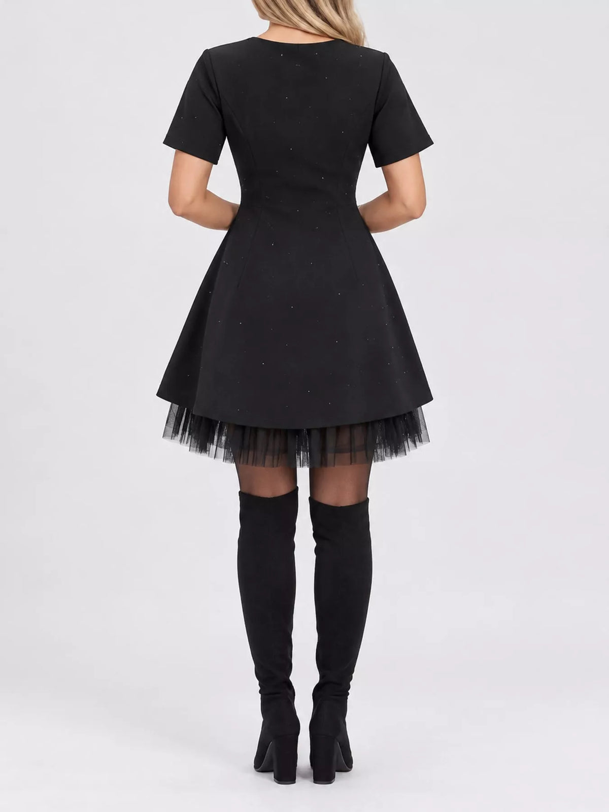 Black rhinestone a line mini dress with tulle hem, back view
