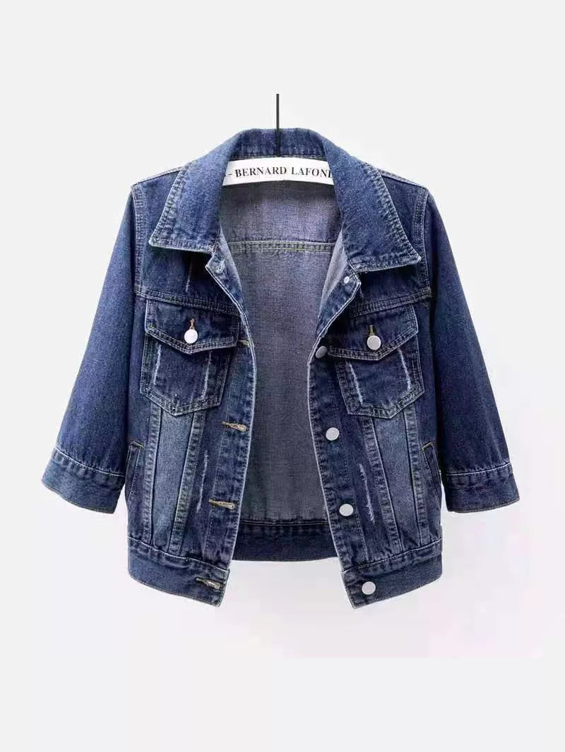 Dark blue washed denim mid-sleeve jacket
