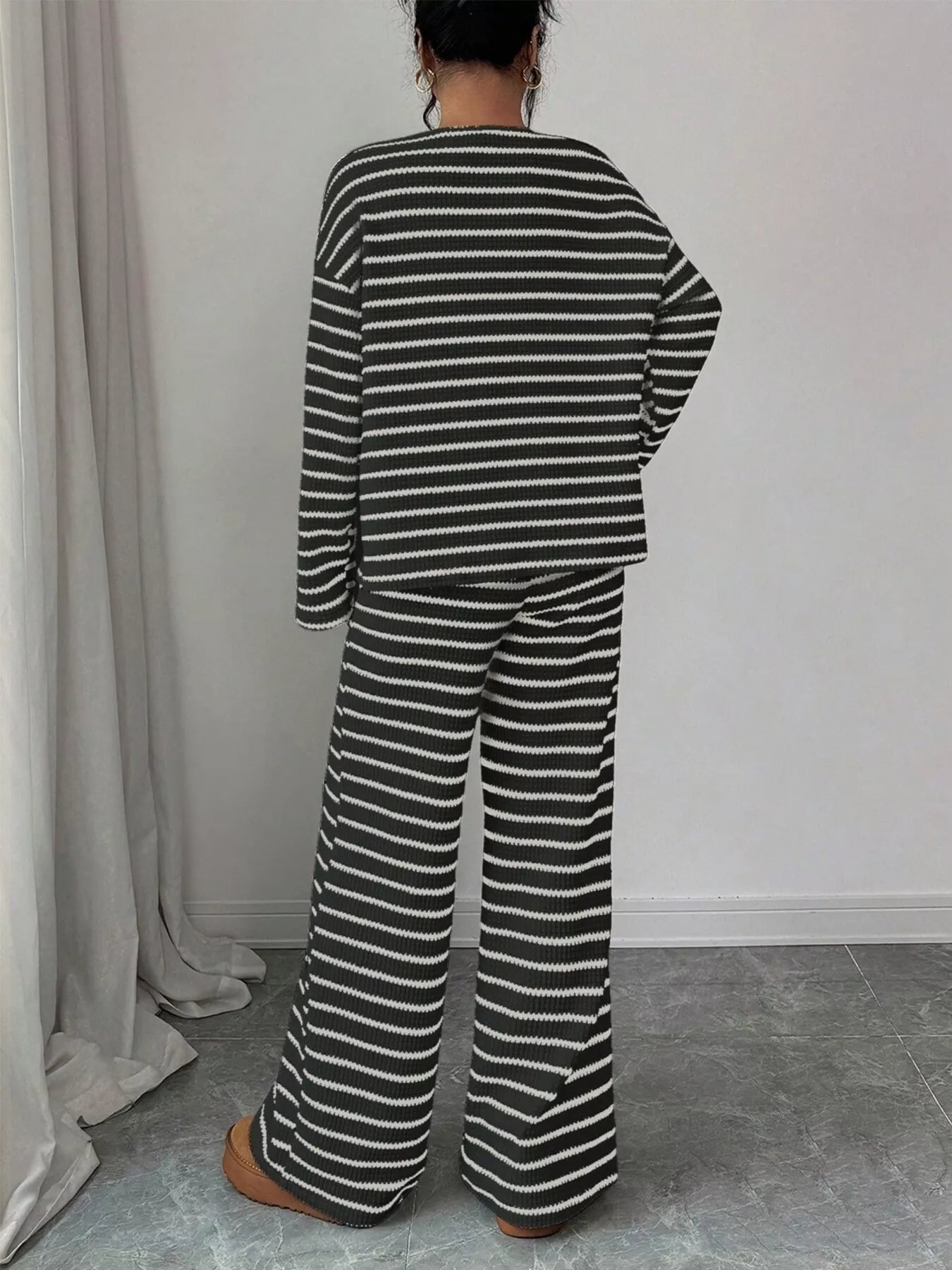 Trendsi Striped Knit Dropped Shoulder Top and Pants Set -