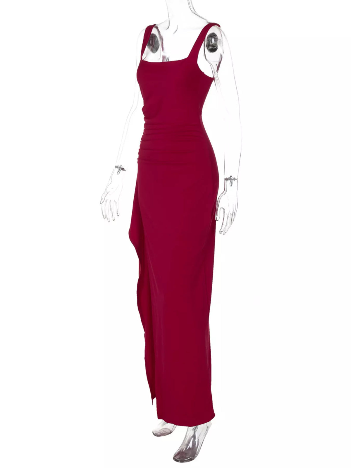 Red slit square neck maxi dress, side view