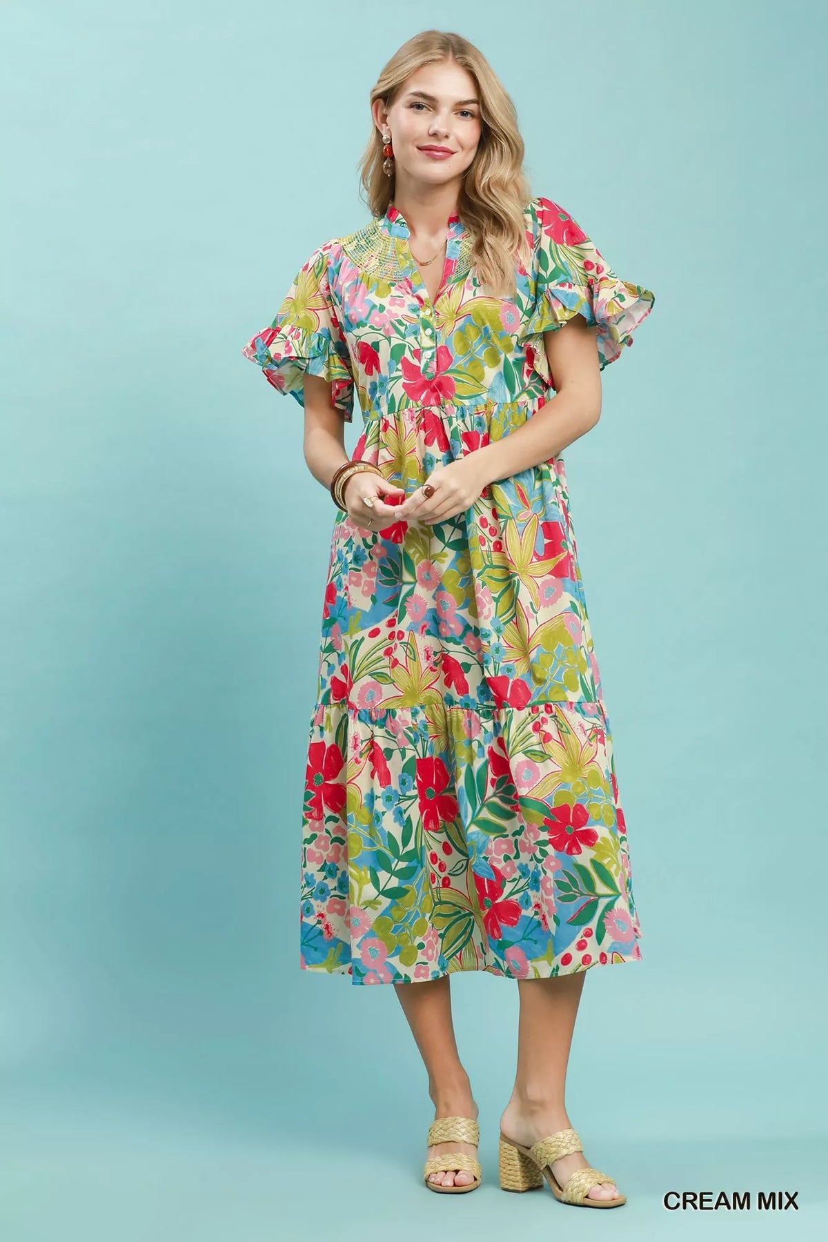 Women's Tropical Floral Tiered Midi Dress With Ruffle Sleeves — product view 5