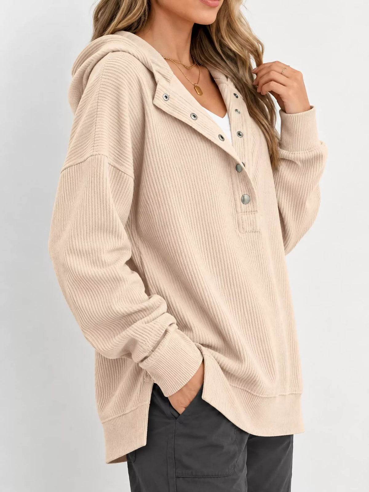 Women's Snap Button Placket Dropped Shoulder Hoodie in cream — side view