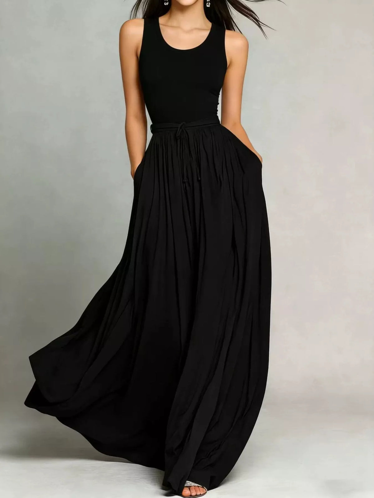 Black solid color maxi dress
