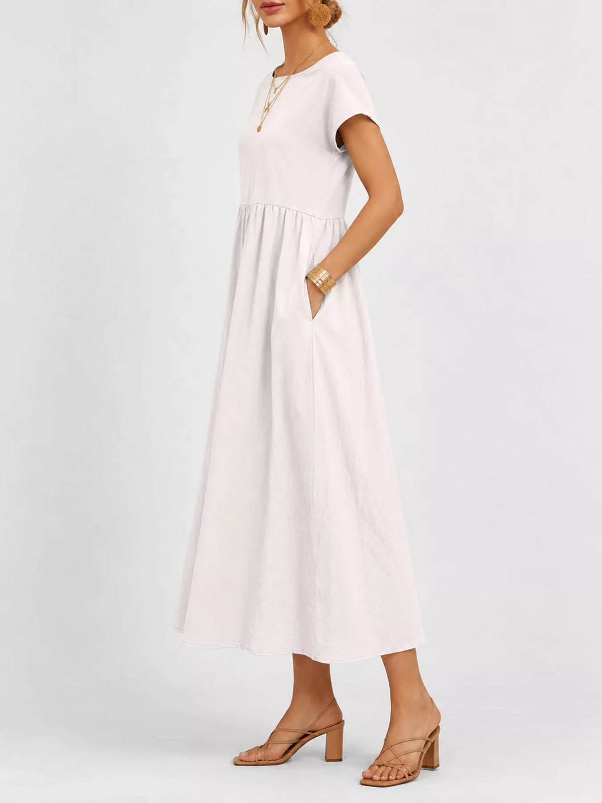 Round neck short sleeve midi dress, side view