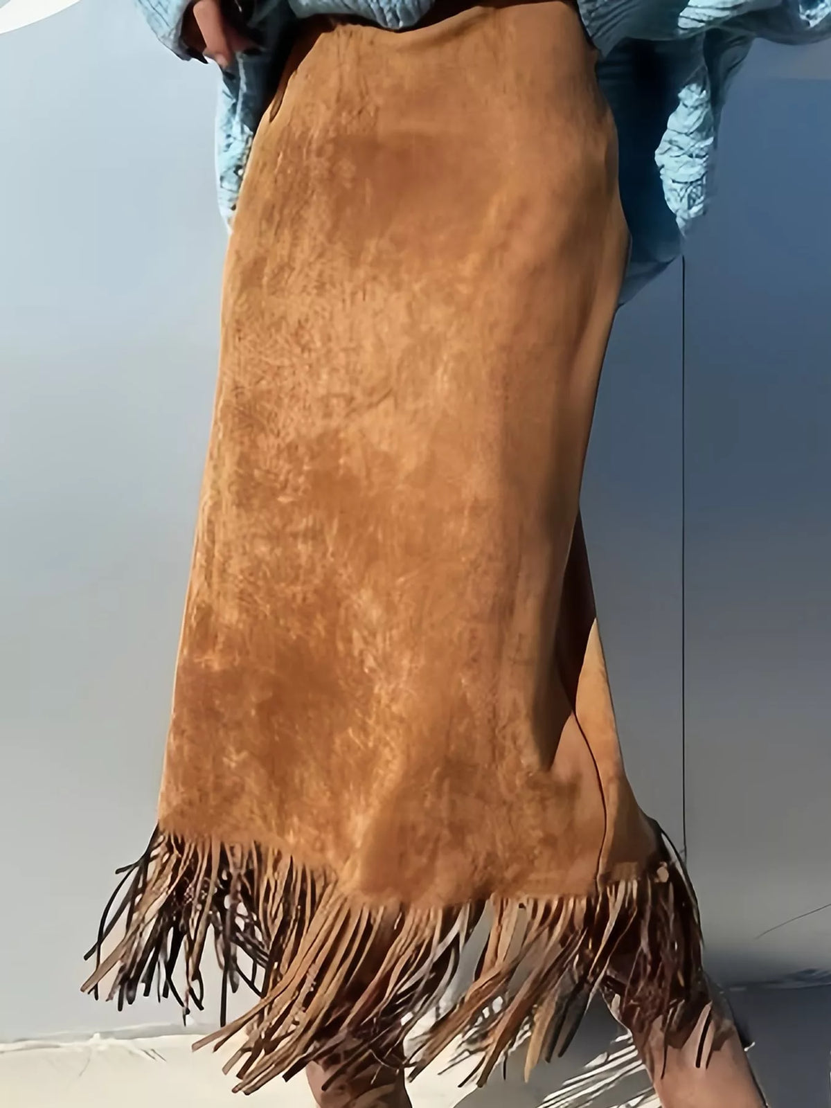 Camel fringe midi skirt