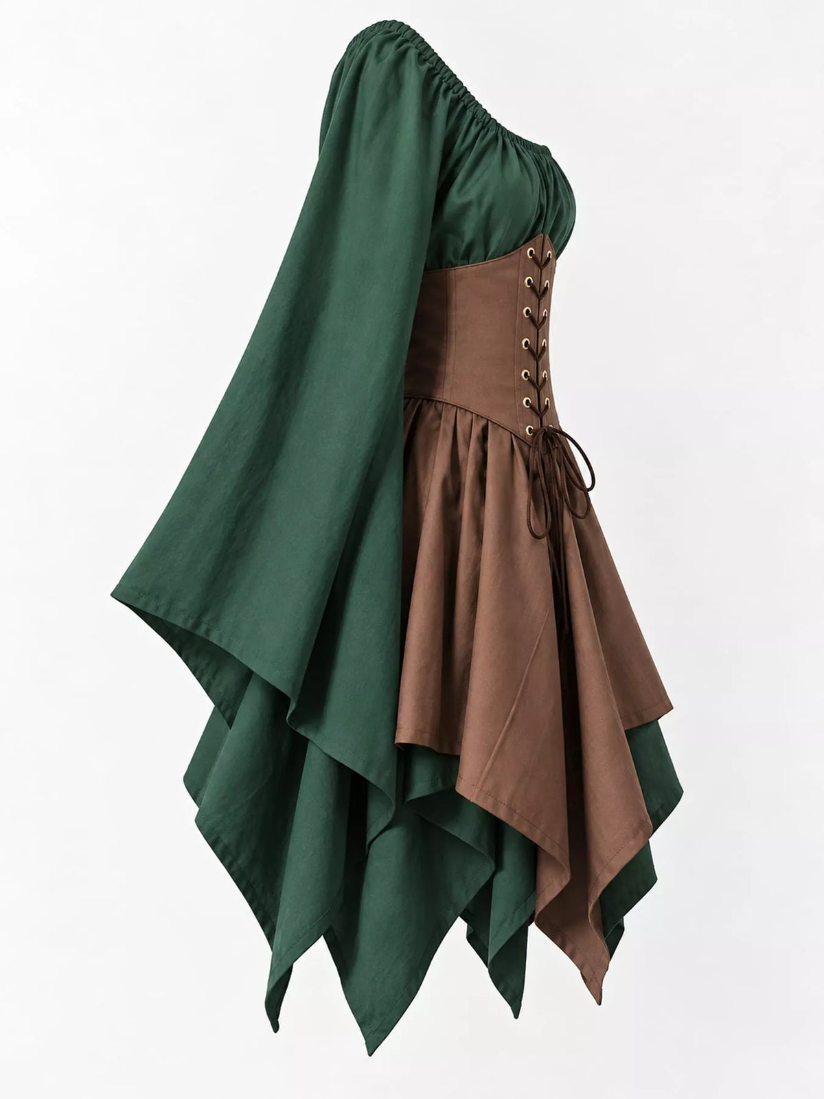 Lace-up asymmetric dress, green brown side