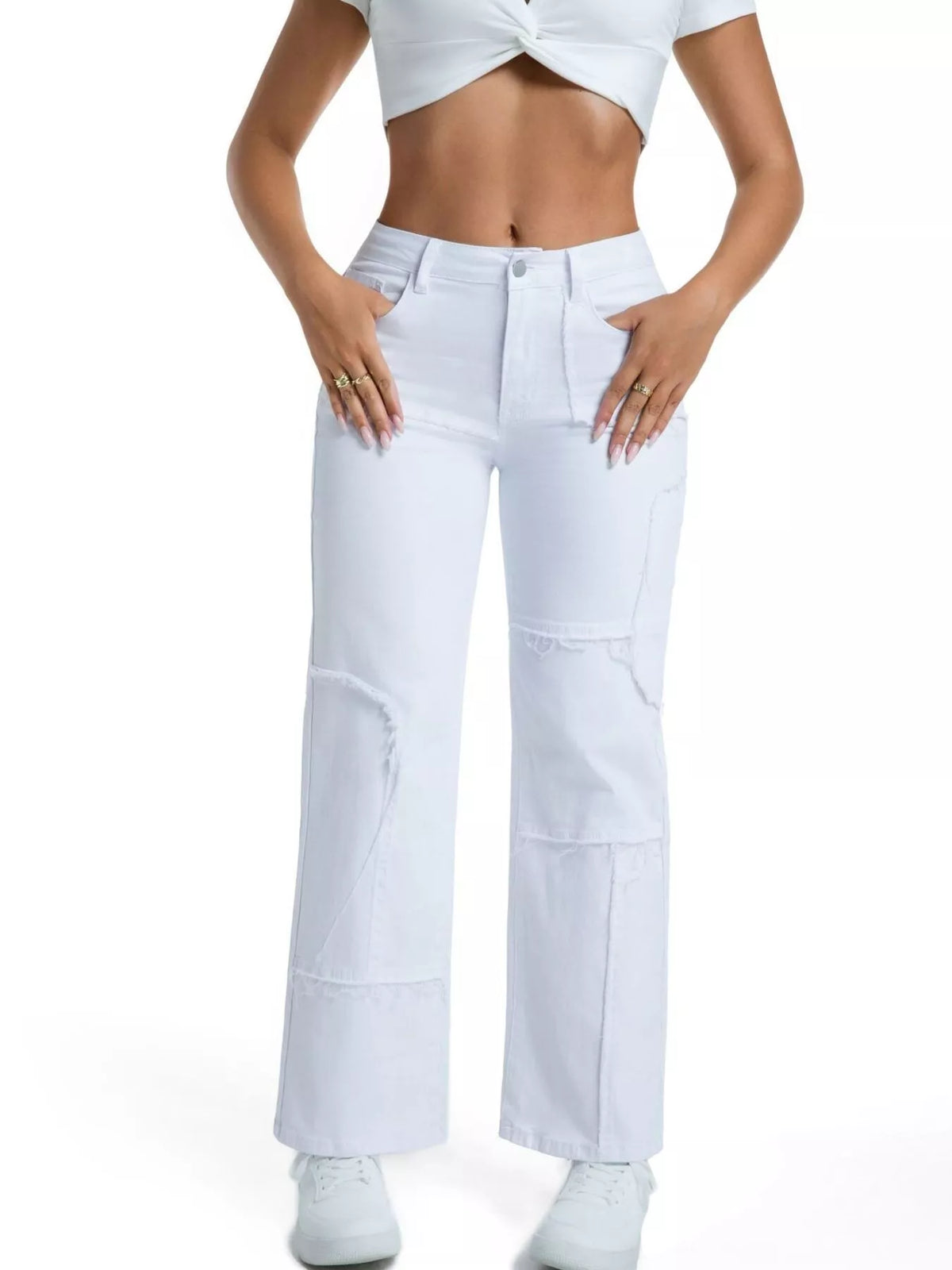 White frayed edge straight leg jeans