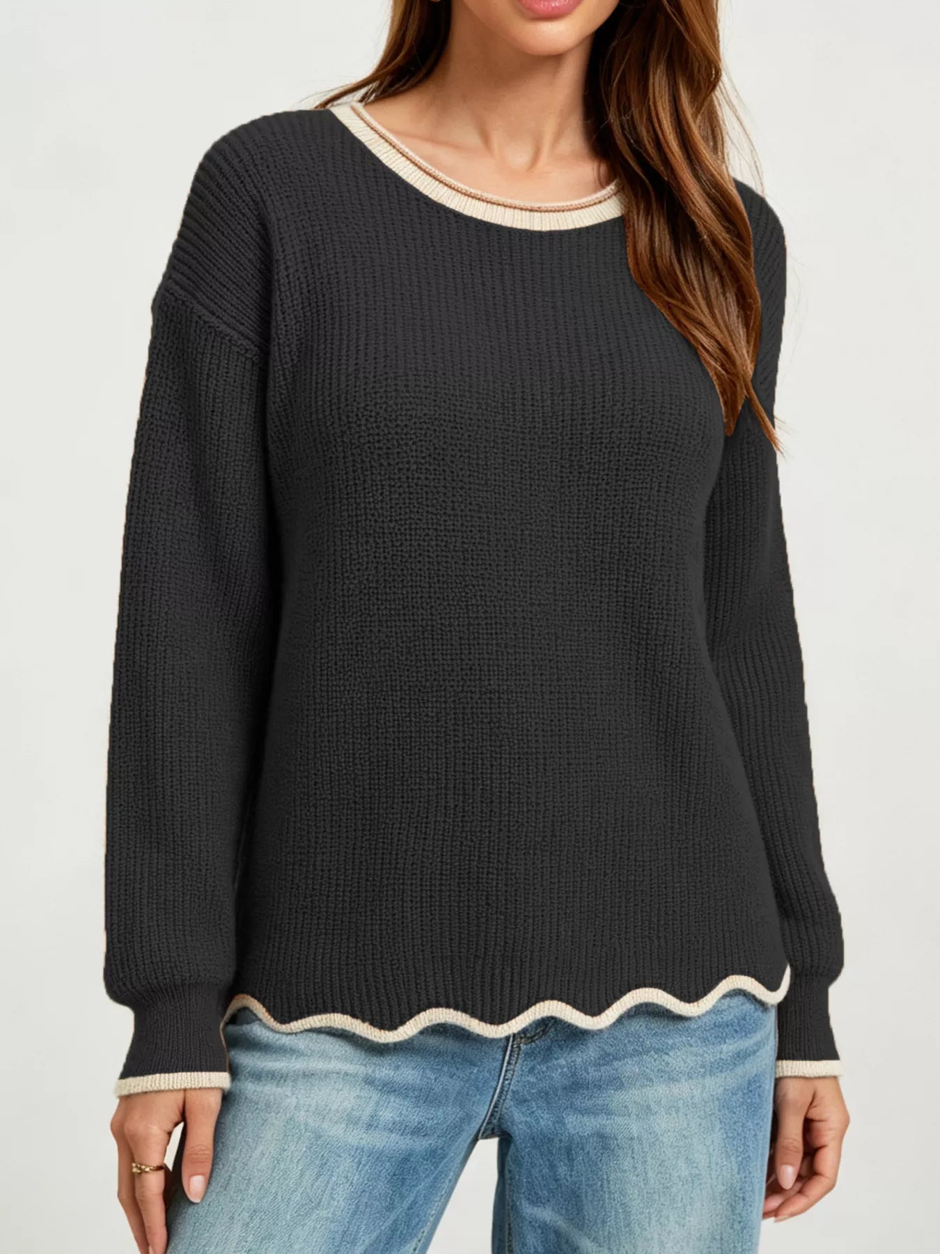 Trendsi Contrast Trim Scalloped Hem Ribbed Knit Sweater -
