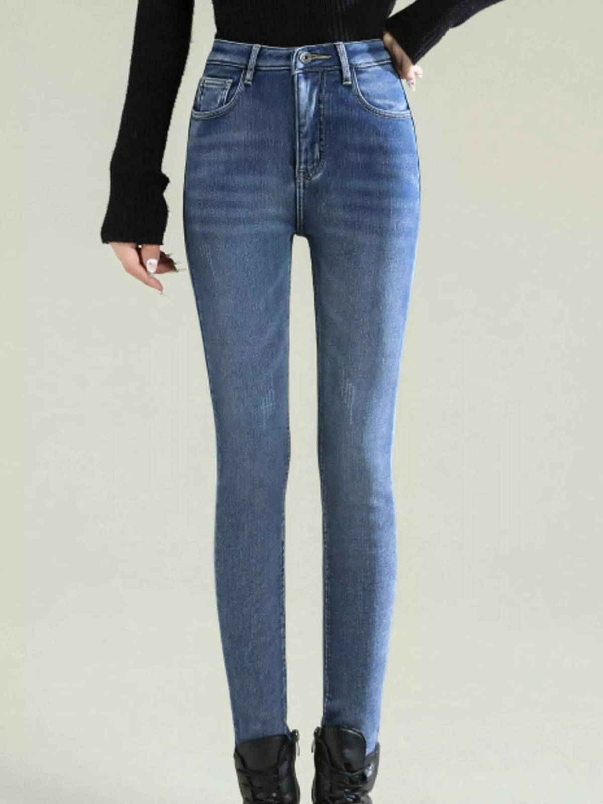High-Waisted Slim-Fit Stretch Fleece Jeans — front view