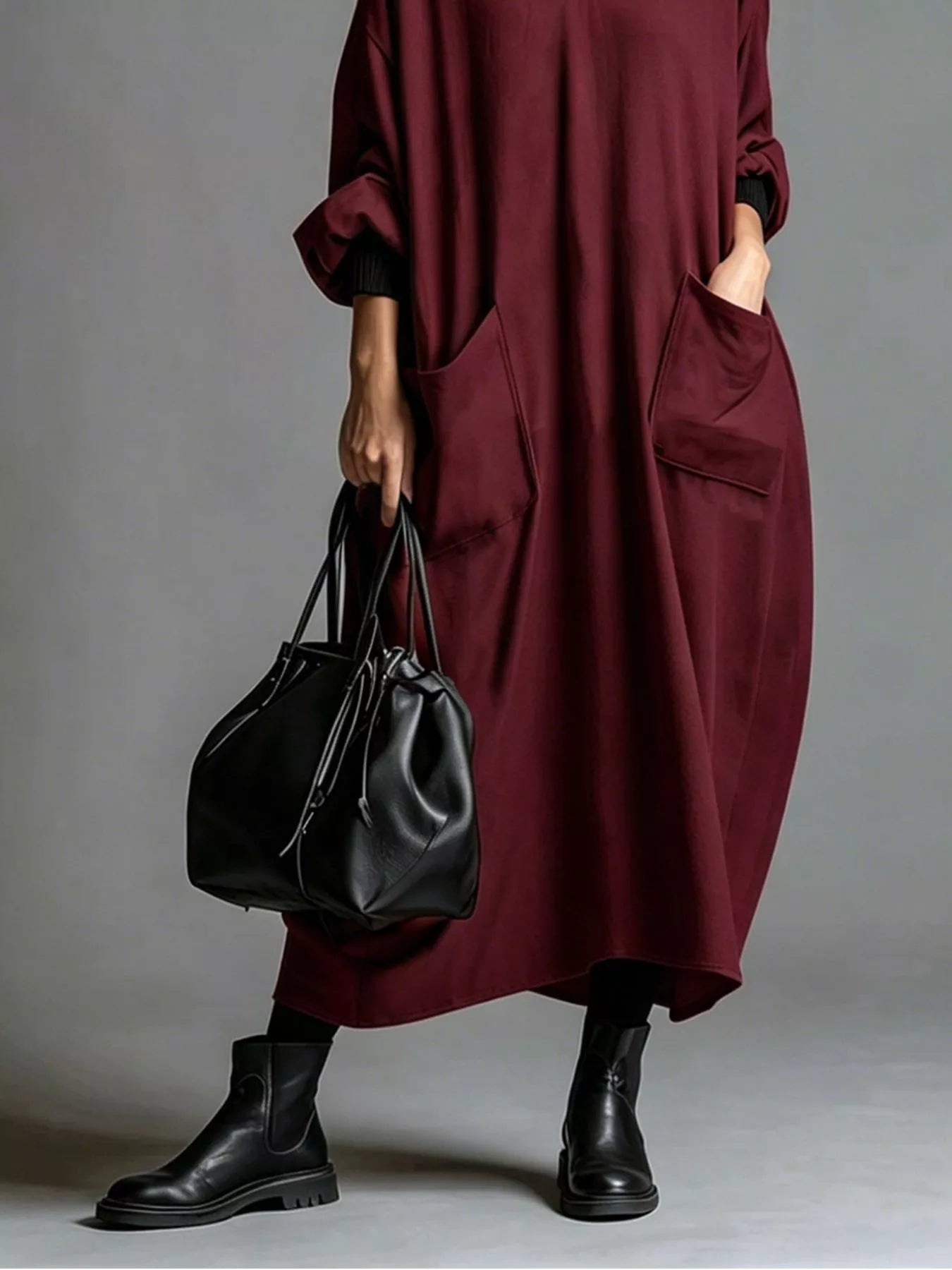 Trendsi Full Size Loose-Fit Mock Neck Midi Dress with Pockets Plus Size -