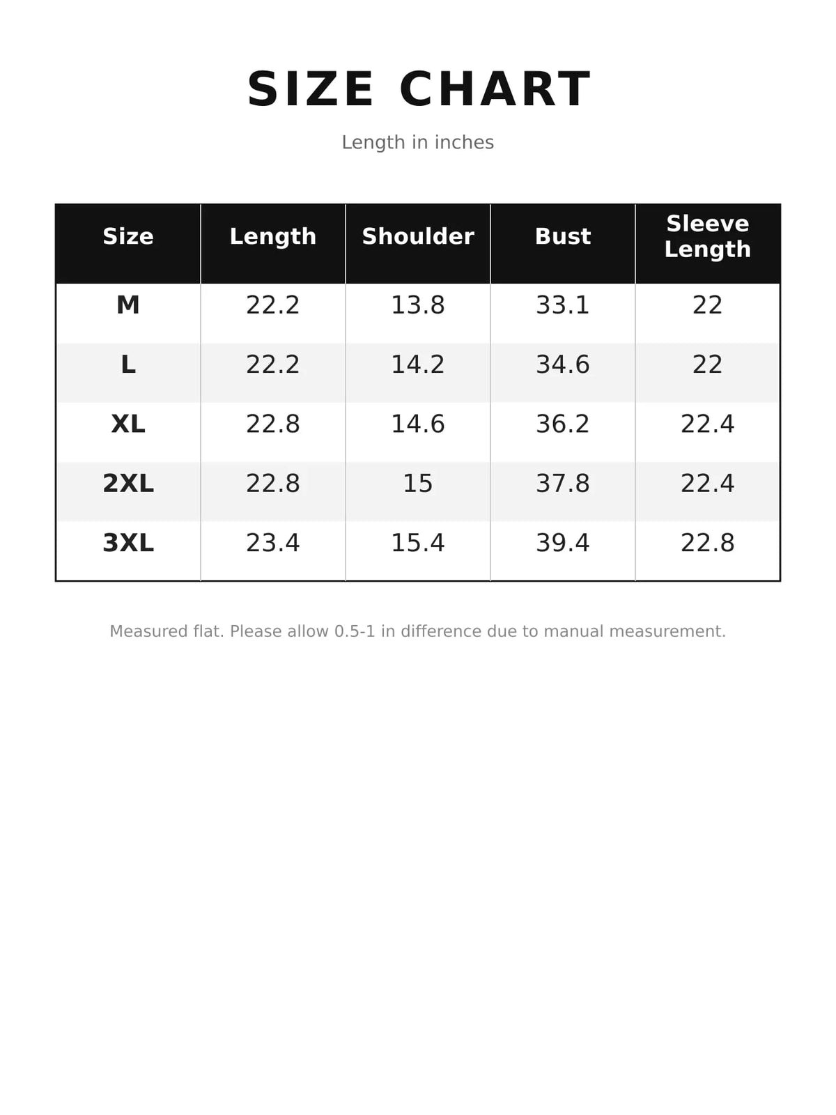 Size chart for solid long-sleeve crew neck t-shirt