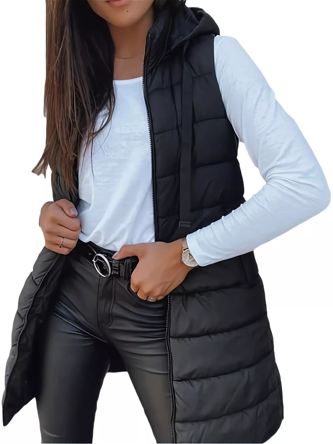 Trendsi Zip Up Longline Hooded Puffer Vest Coat -