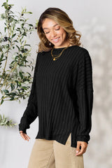 Trendsi Basic Bae Full Size Ribbed Round Neck Slit Knit Top -
