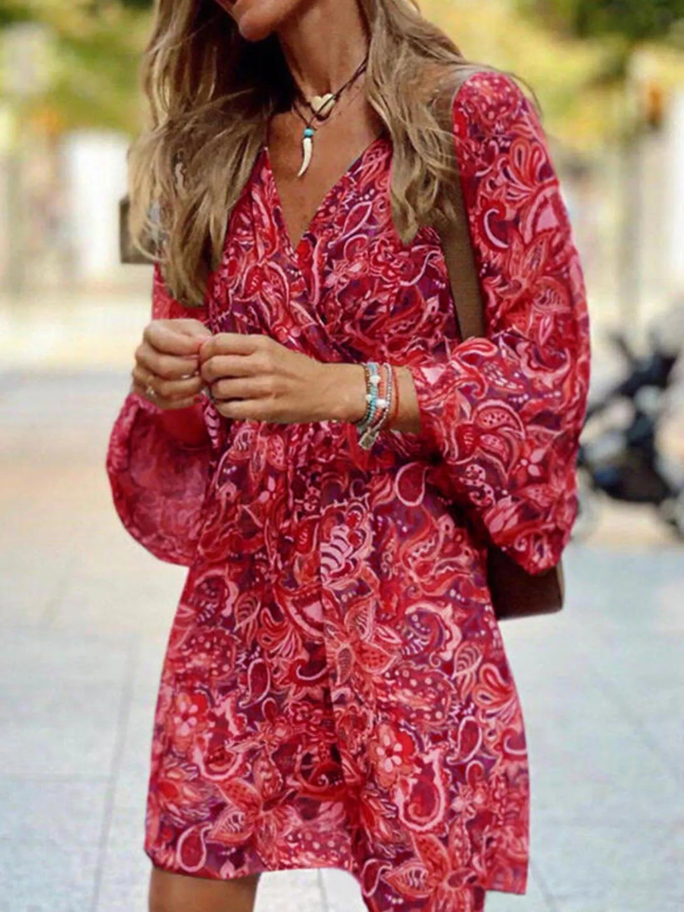 Trendsi Full Size Paisley Print Long Sleeve Mini Dress Plus Size -