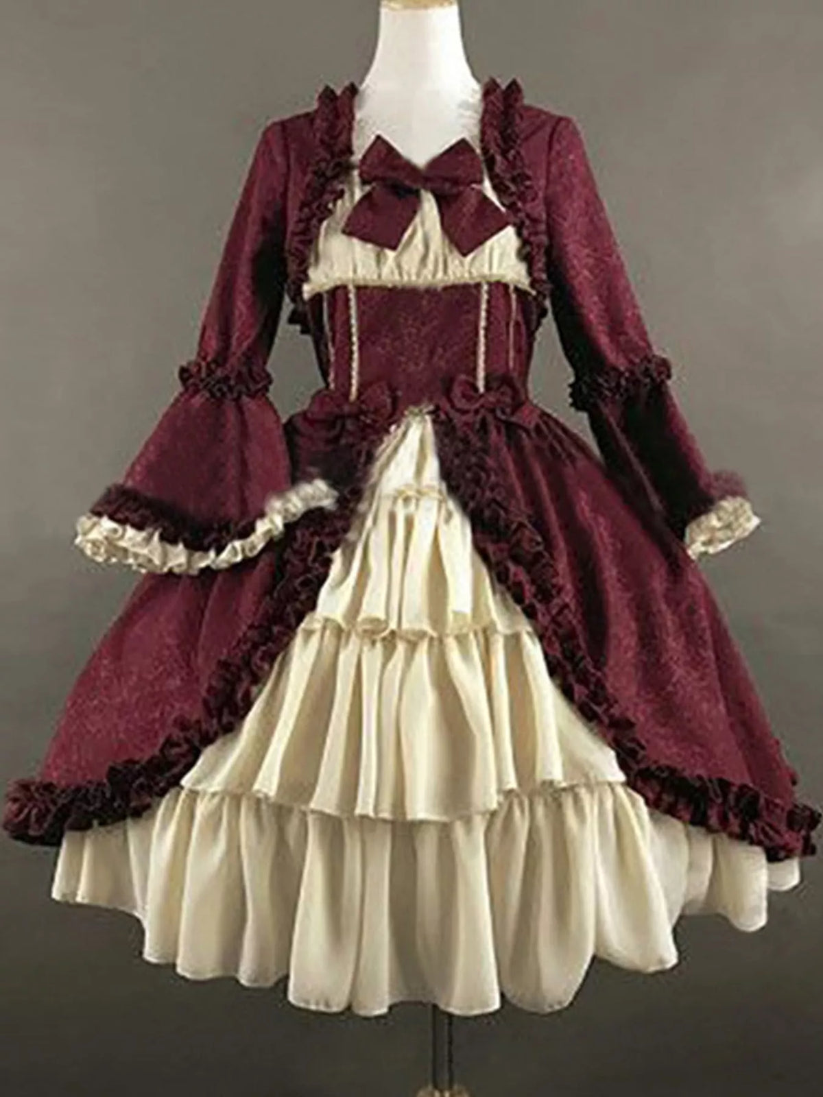 Vintage Lolita Ruffled Layered Dress in burgundy